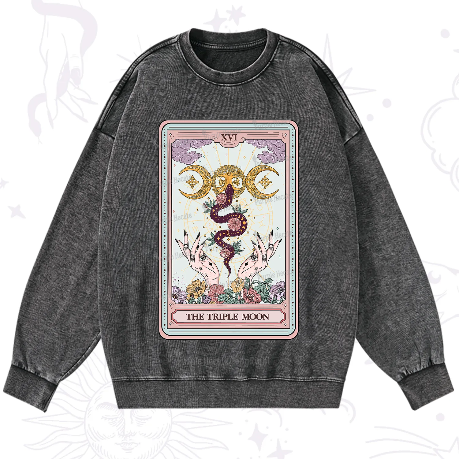 Purplehecate The Triple Moon Tarot Washed Sweatshirt