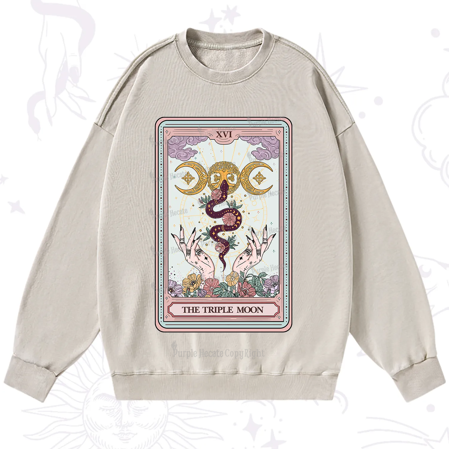 Purplehecate The Triple Moon Tarot Washed Sweatshirt