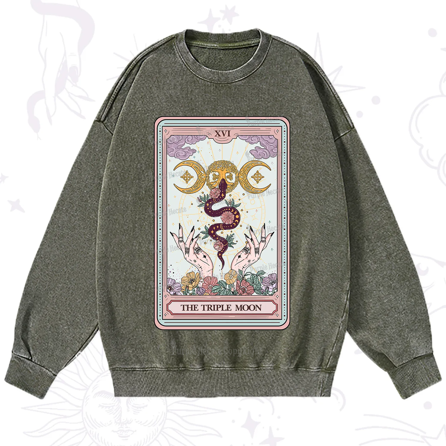 Purplehecate The Triple Moon Tarot Washed Sweatshirt