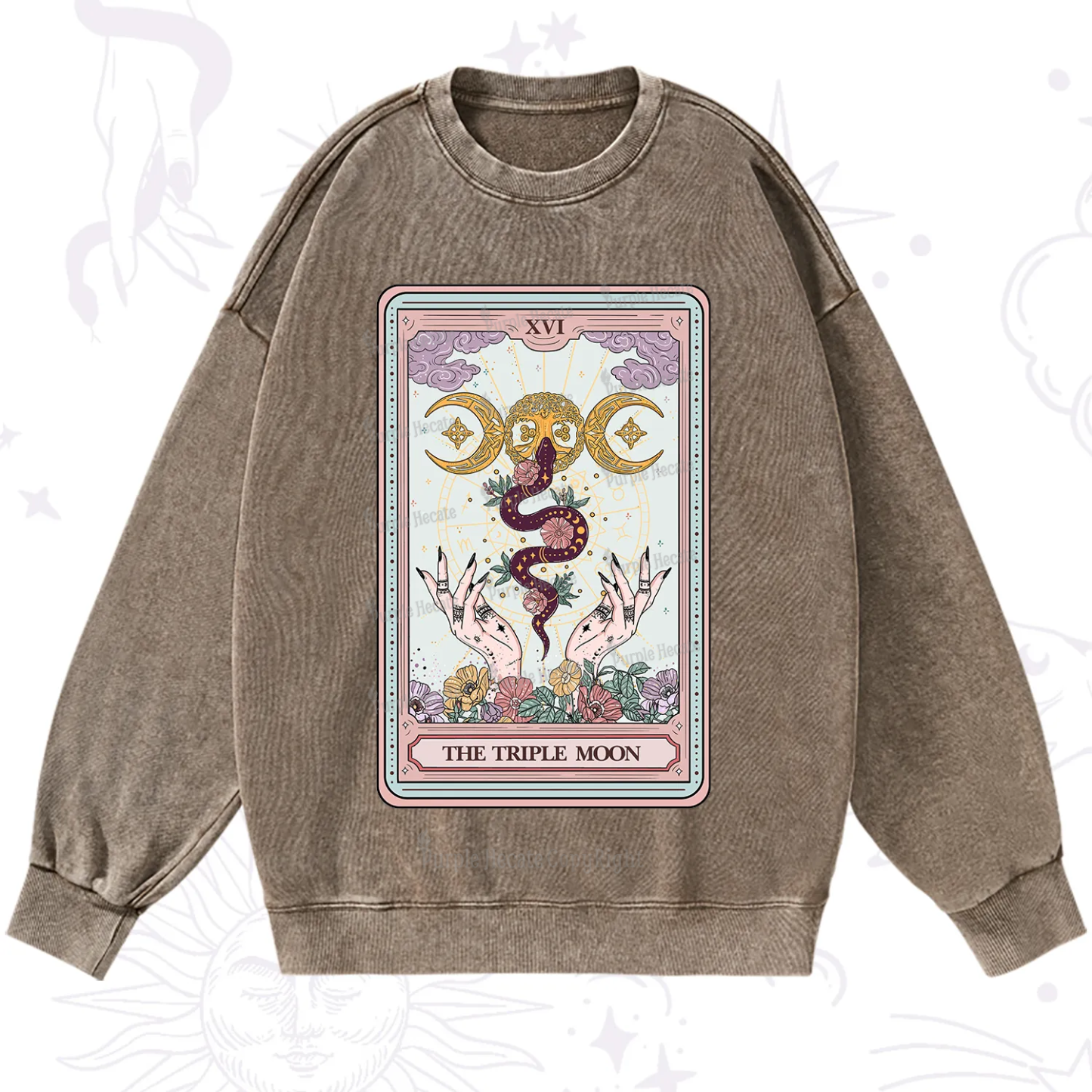 Purplehecate The Triple Moon Tarot Washed Sweatshirt
