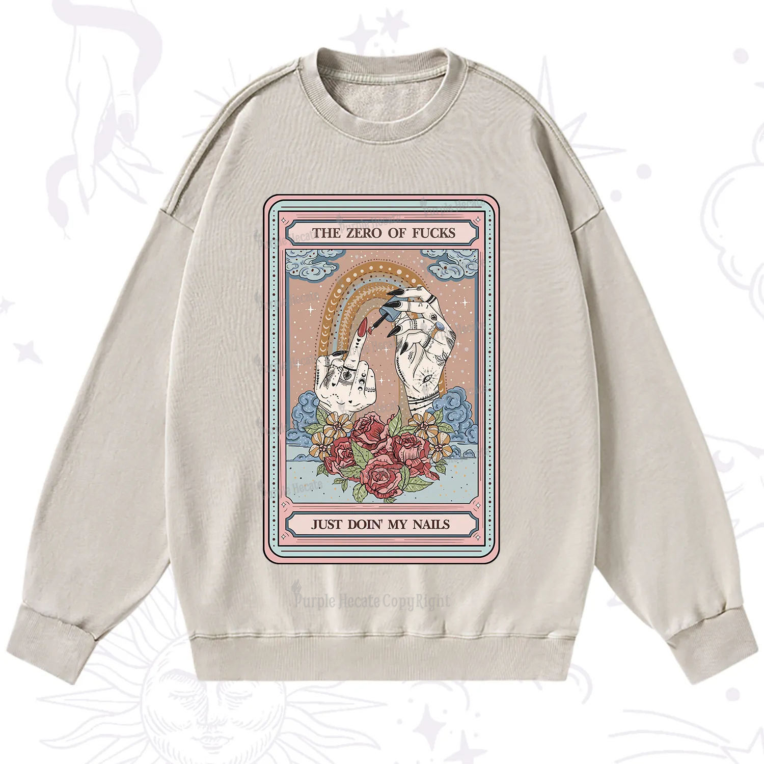 Purplehecate The Zero of Fucks Just Doin' My Nails Tarot Washed Sweatshirt