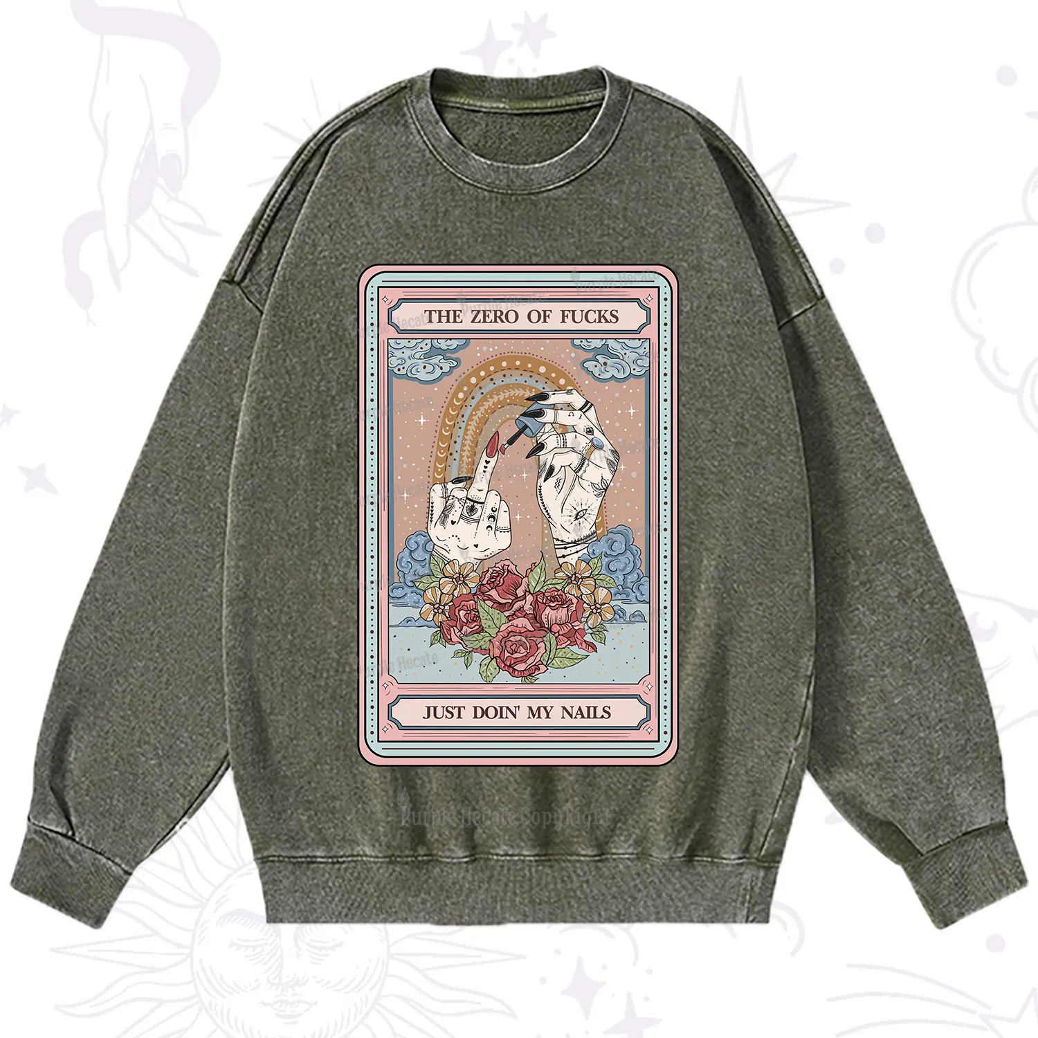 Purplehecate The Zero of Fucks Just Doin' My Nails Tarot Washed Sweatshirt