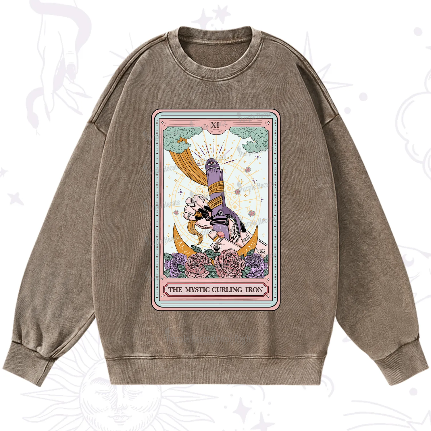 Purplehecate The Mystic Curling Iron Tarot Washed Sweatshirt
