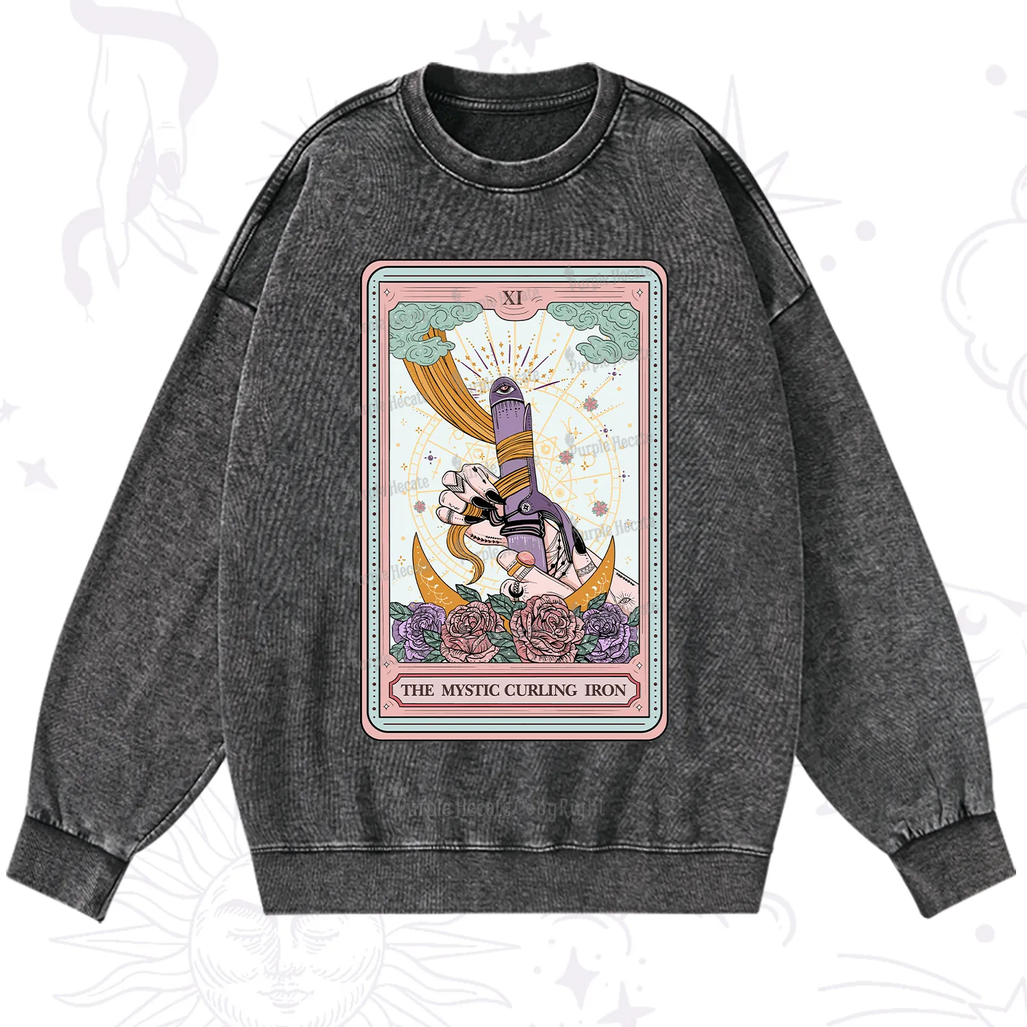 Purplehecate The Mystic Curling Iron Tarot Washed Sweatshirt