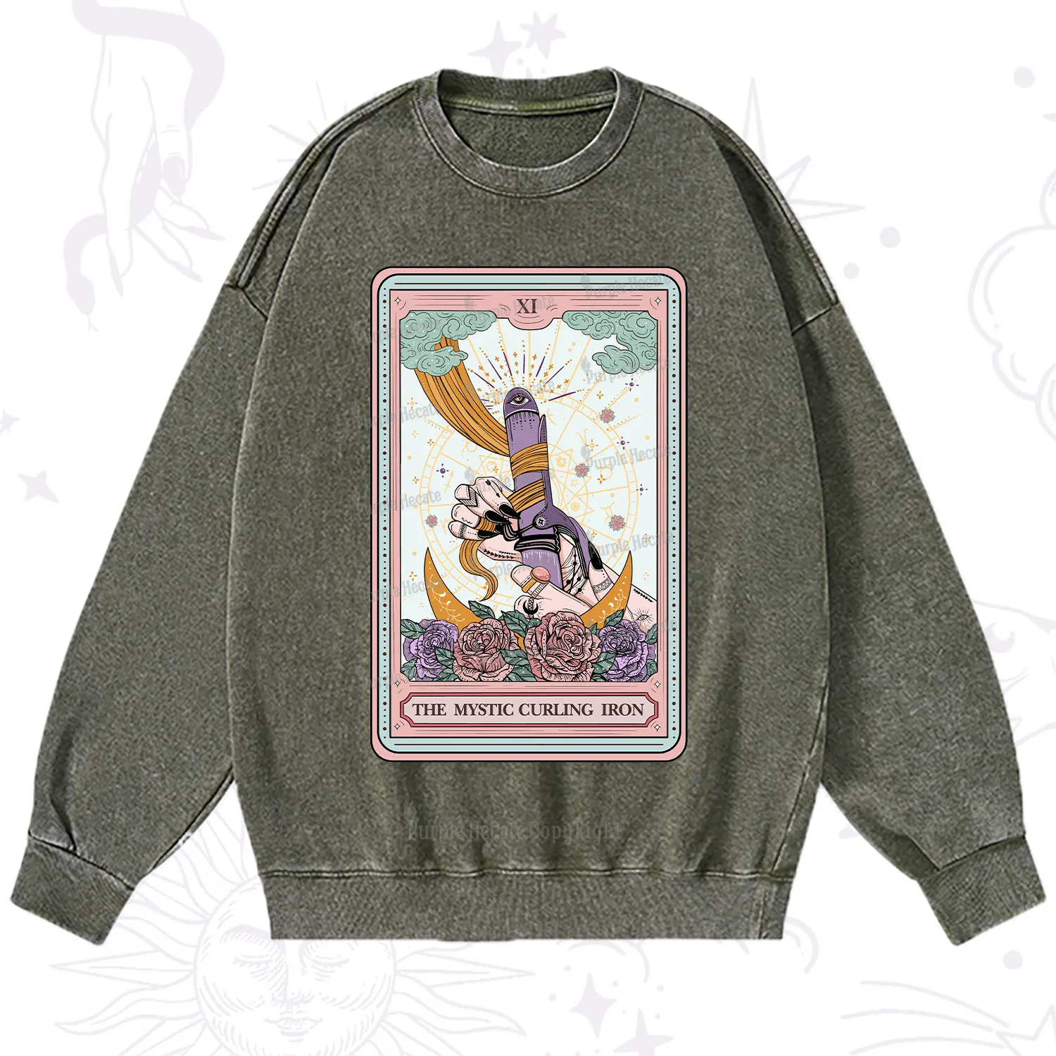 Purplehecate The Mystic Curling Iron Tarot Washed Sweatshirt