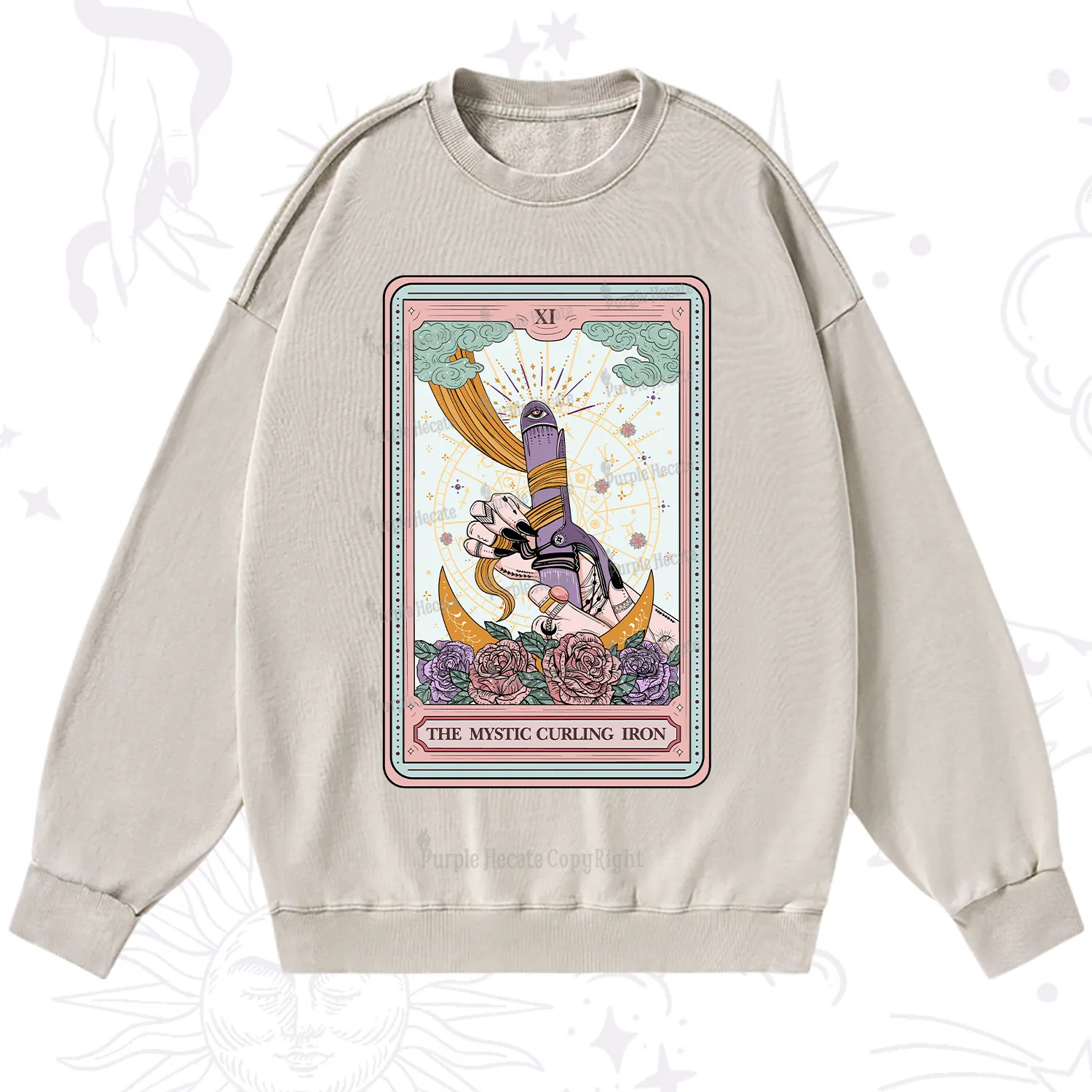 Purplehecate The Mystic Curling Iron Tarot Washed Sweatshirt