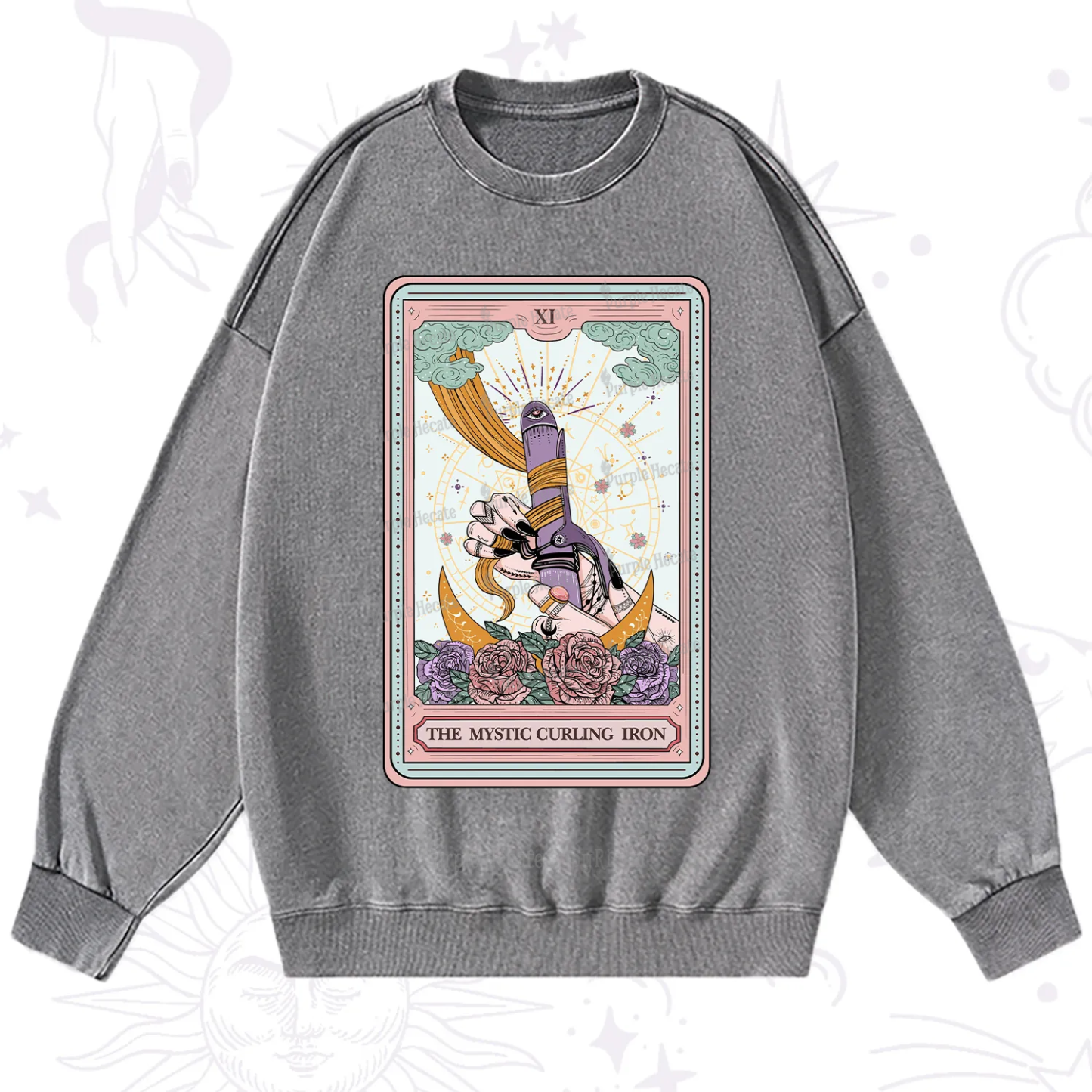 Purplehecate The Mystic Curling Iron Tarot Washed Sweatshirt