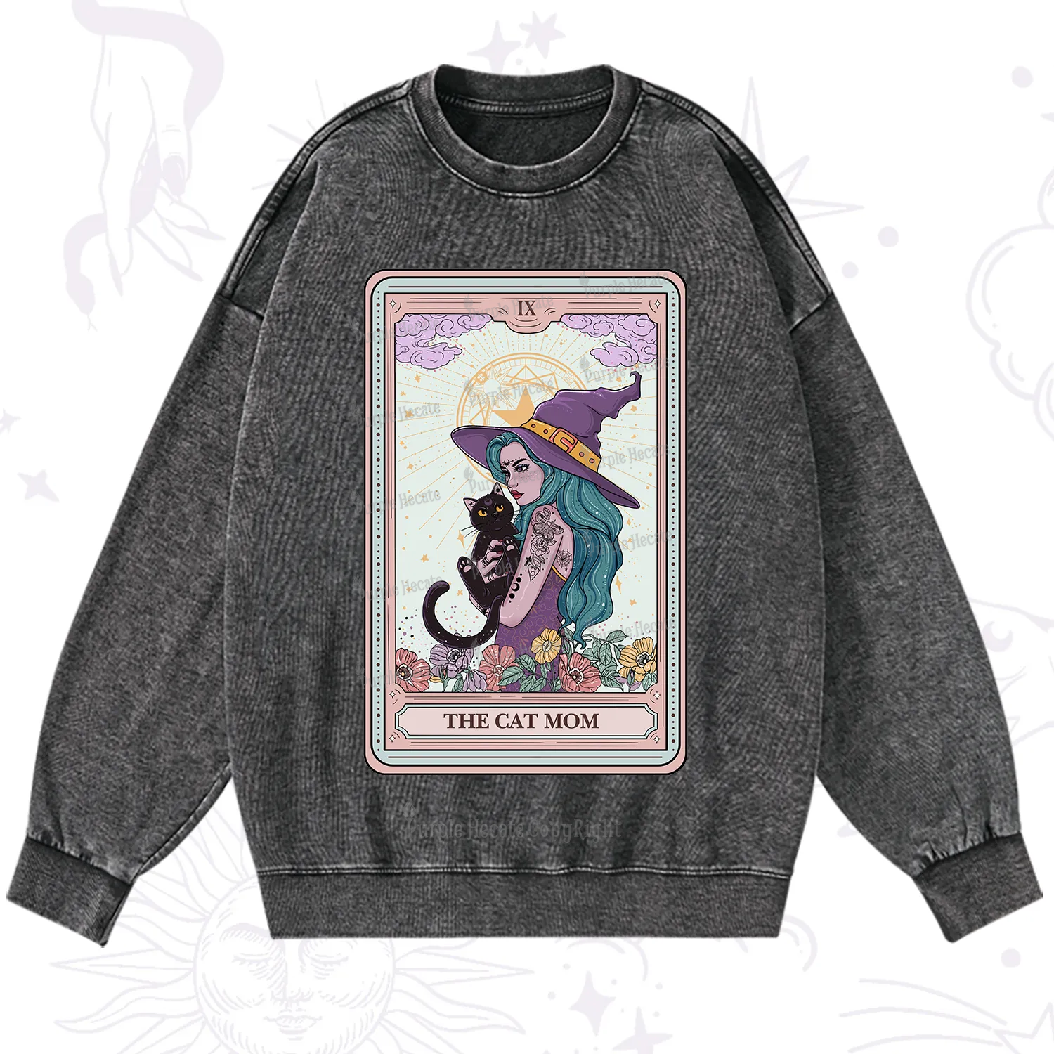 Purplehecate The Gothic Cat Mom Tarot Washed Sweatshirt