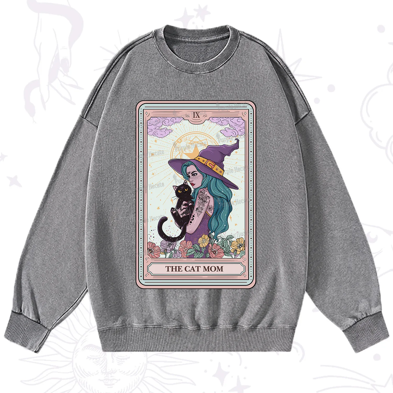 Purplehecate The Gothic Cat Mom Tarot Washed Sweatshirt