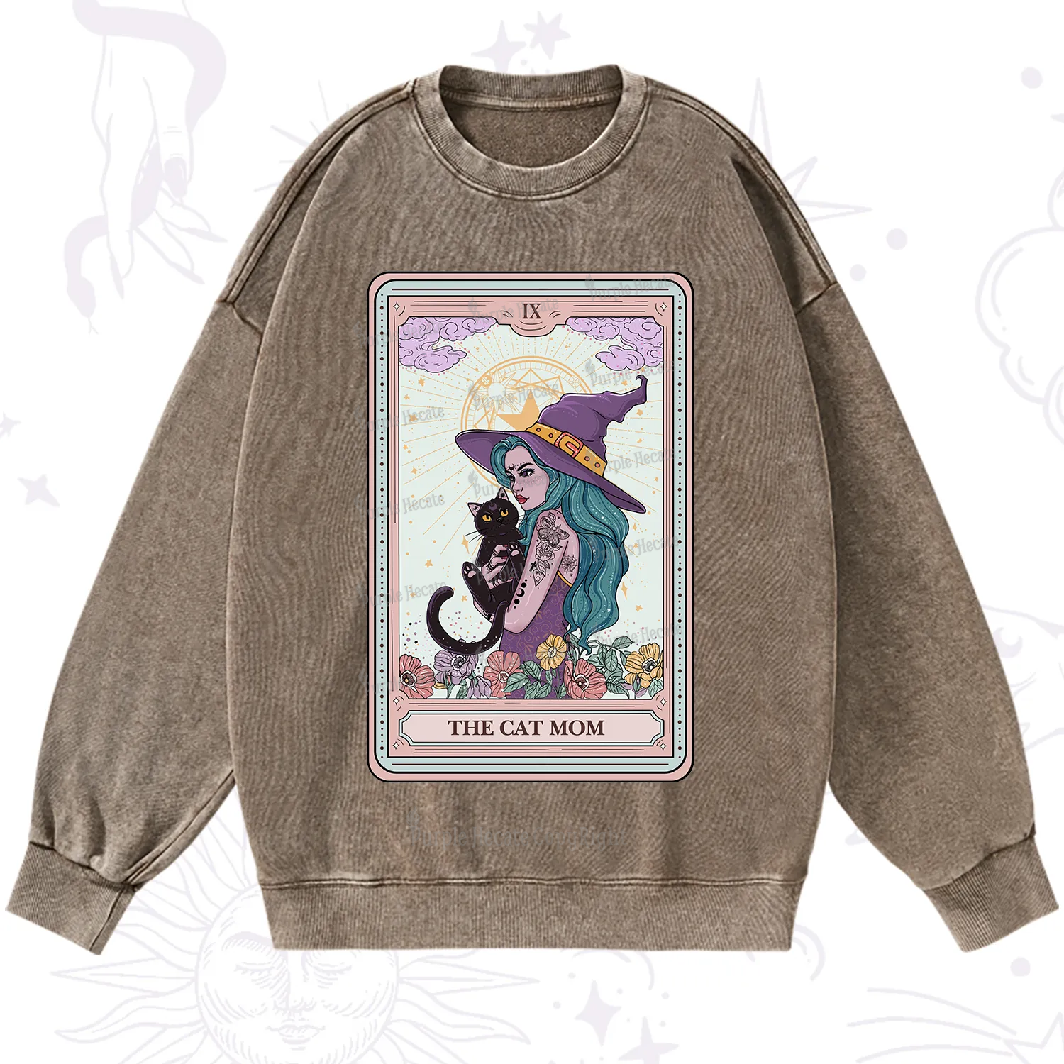 Purplehecate The Gothic Cat Mom Tarot Washed Sweatshirt