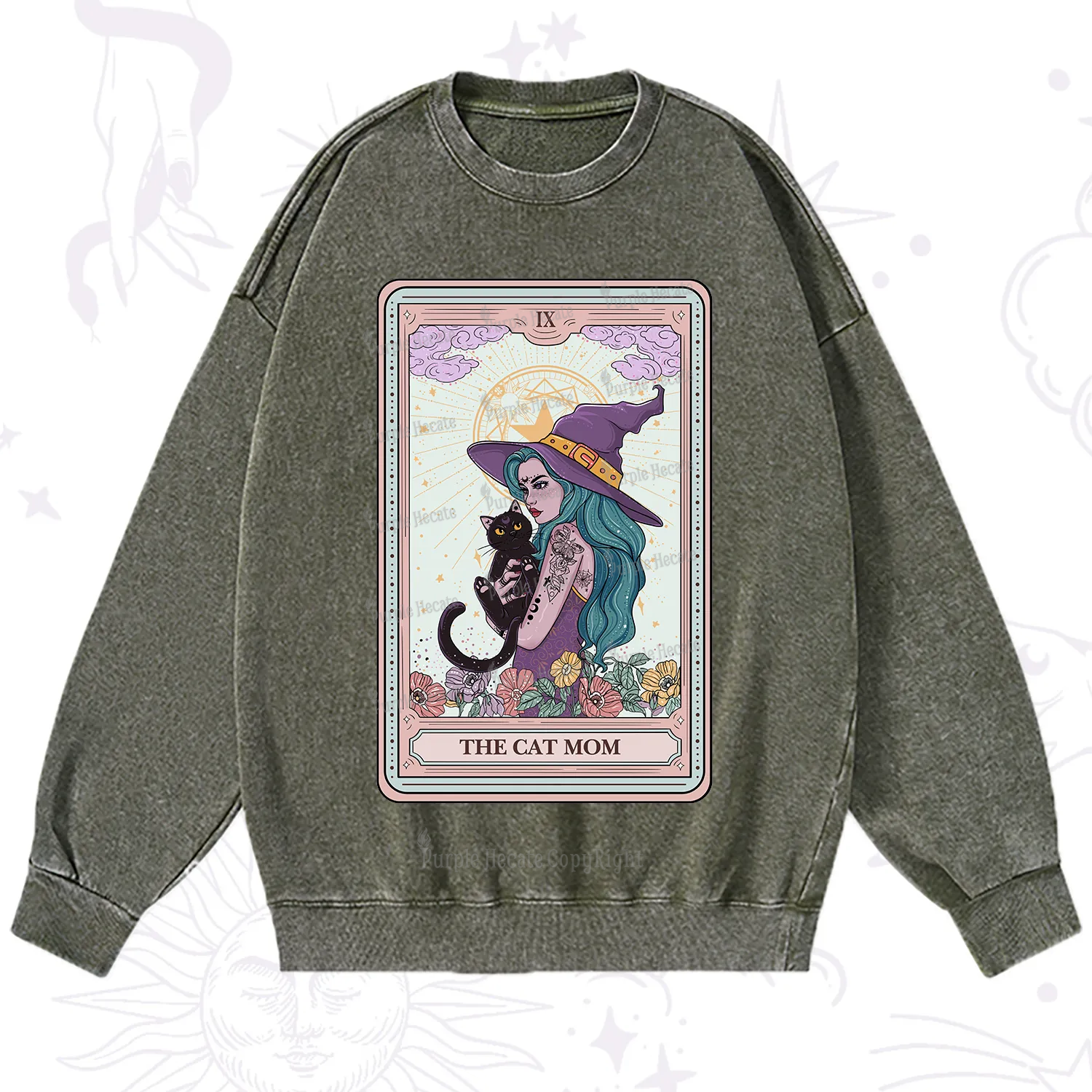 Purplehecate The Gothic Cat Mom Tarot Washed Sweatshirt