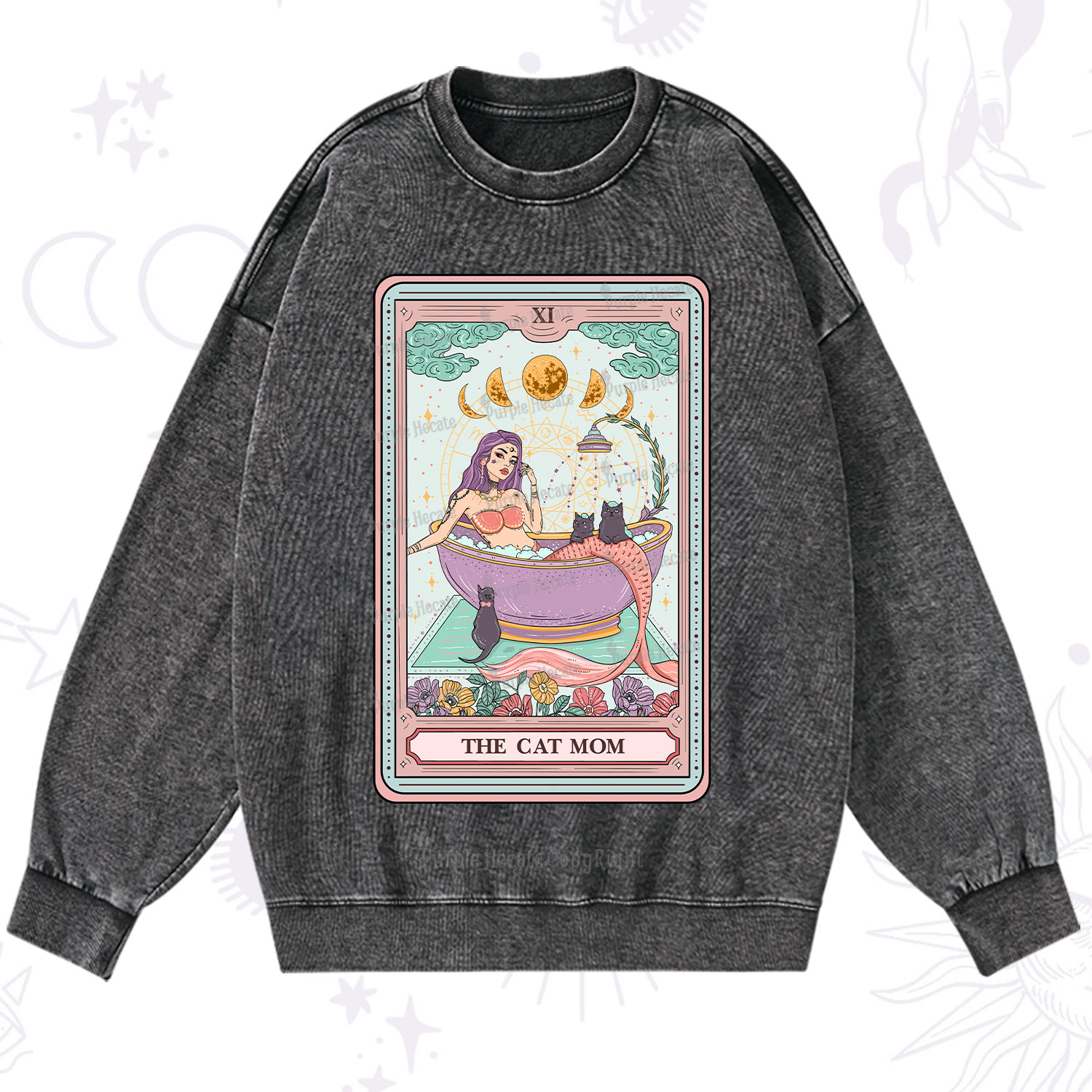 Purplehecate The Cat Mermaid Mom Tarot Card Washed Sweatshirt