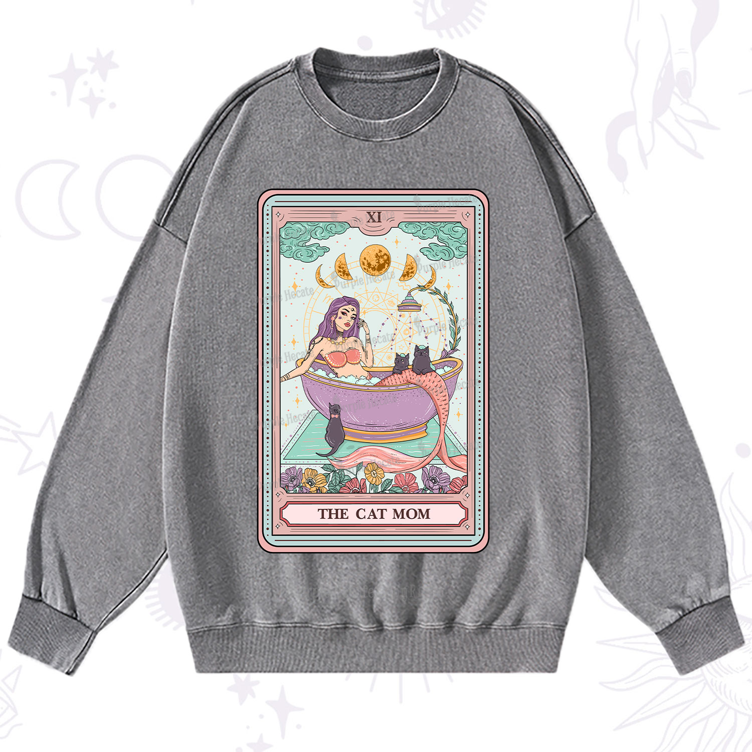 Purplehecate The Cat Mermaid Mom Tarot Card Washed Sweatshirt