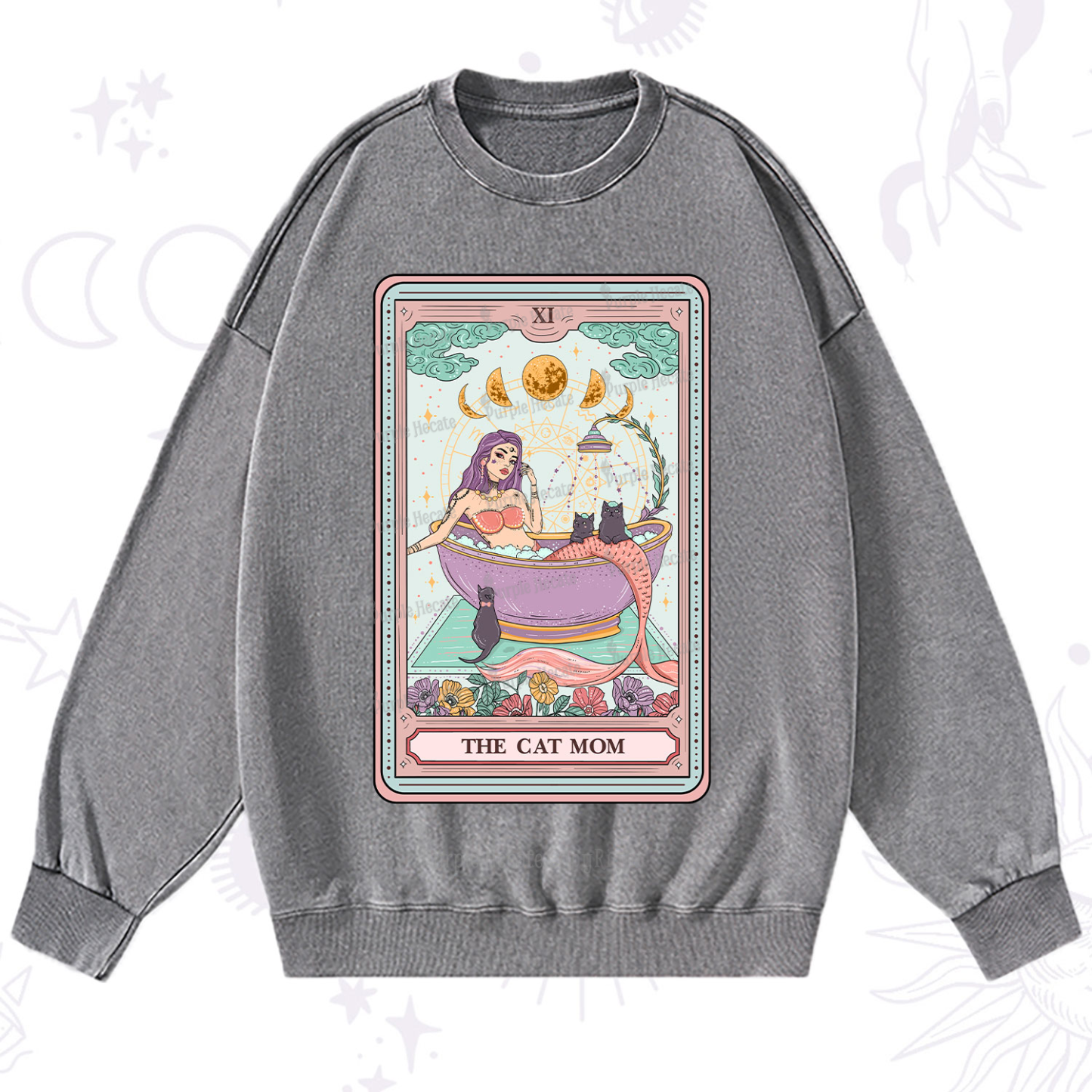 Purplehecate The Cat Mermaid Mom Tarot Card Washed Sweatshirt