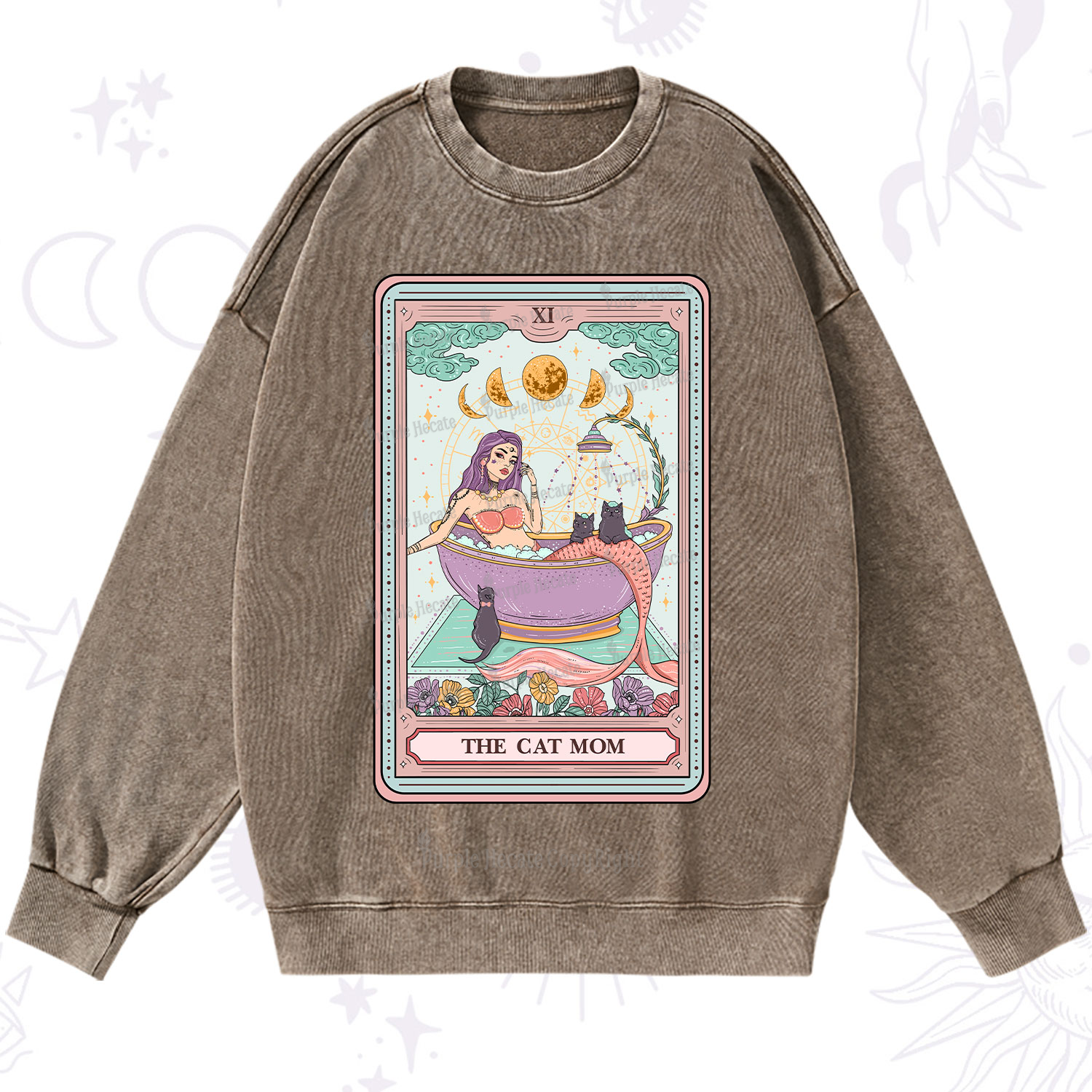 Purplehecate The Cat Mermaid Mom Tarot Card Washed Sweatshirt