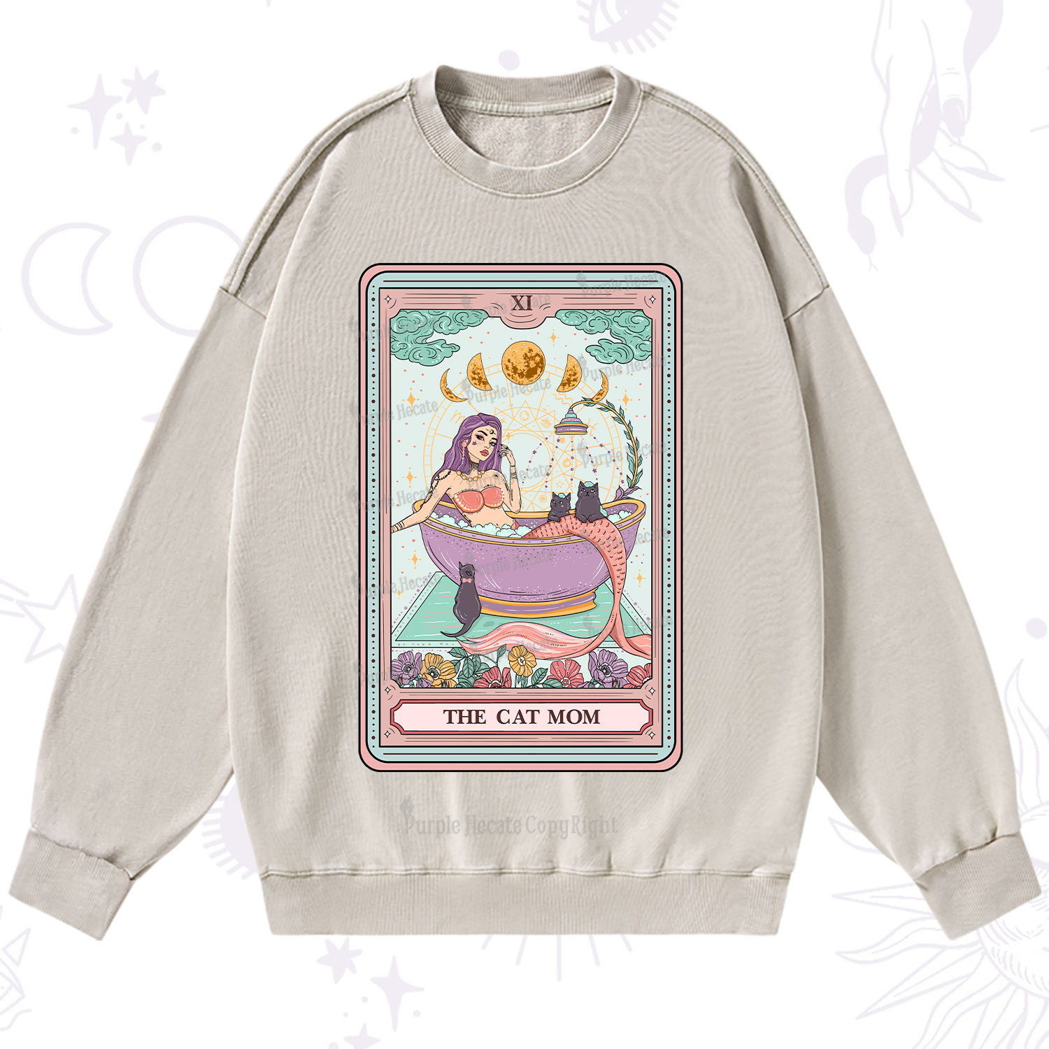 Purplehecate The Cat Mermaid Mom Tarot Card Washed Sweatshirt