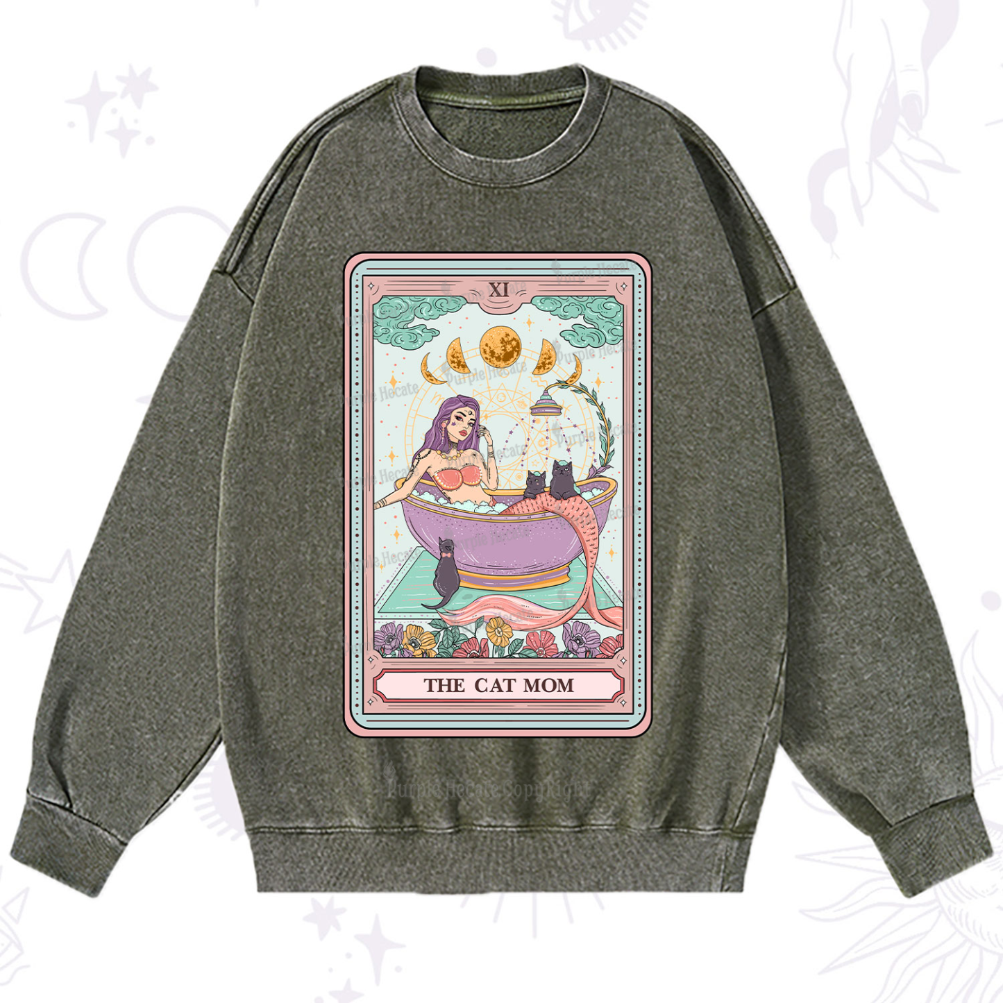 Purplehecate The Cat Mermaid Mom Tarot Card Washed Sweatshirt
