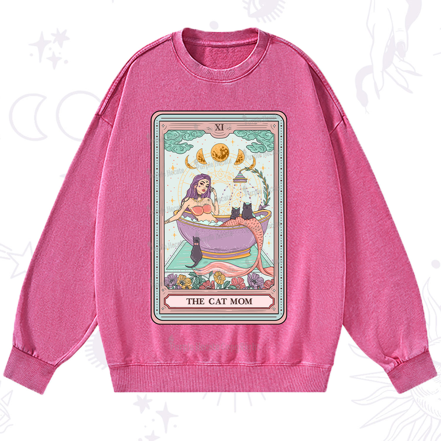 Purplehecate The Cat Mermaid Mom Tarot Card Washed Sweatshirt