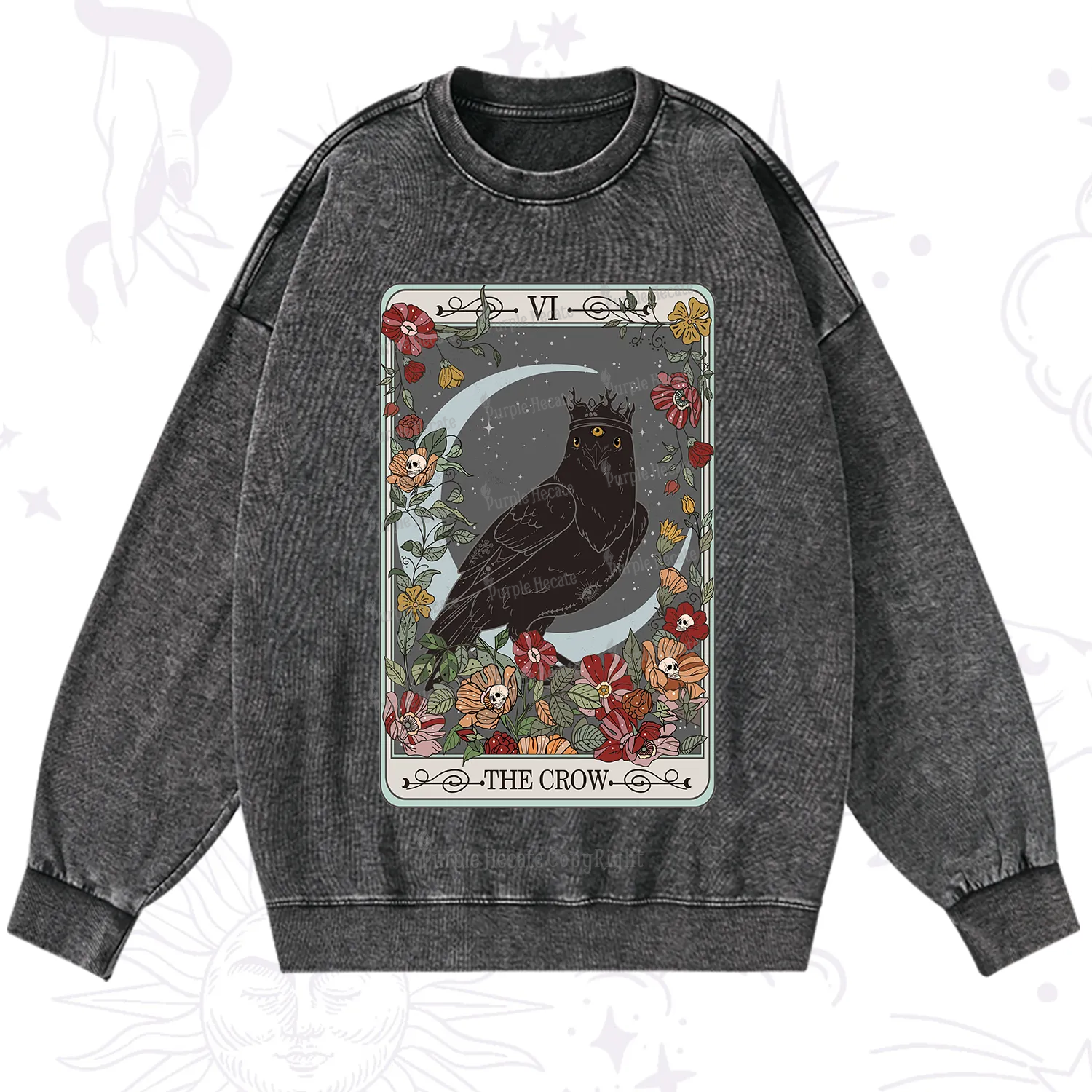 Purplehecate The Crow Tarot Card Washed Sweatshirt