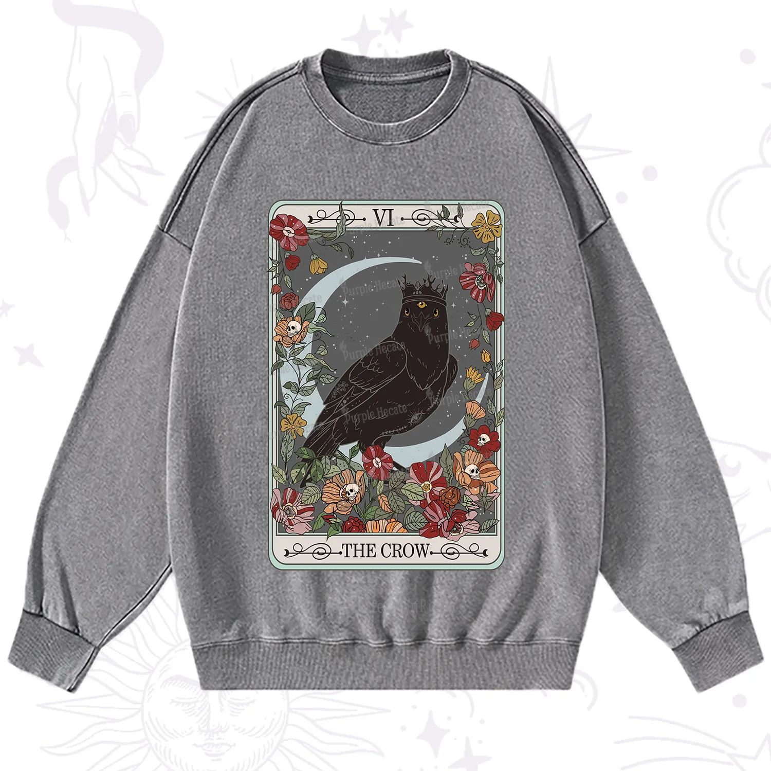 Purplehecate The Crow Tarot Card Washed Sweatshirt