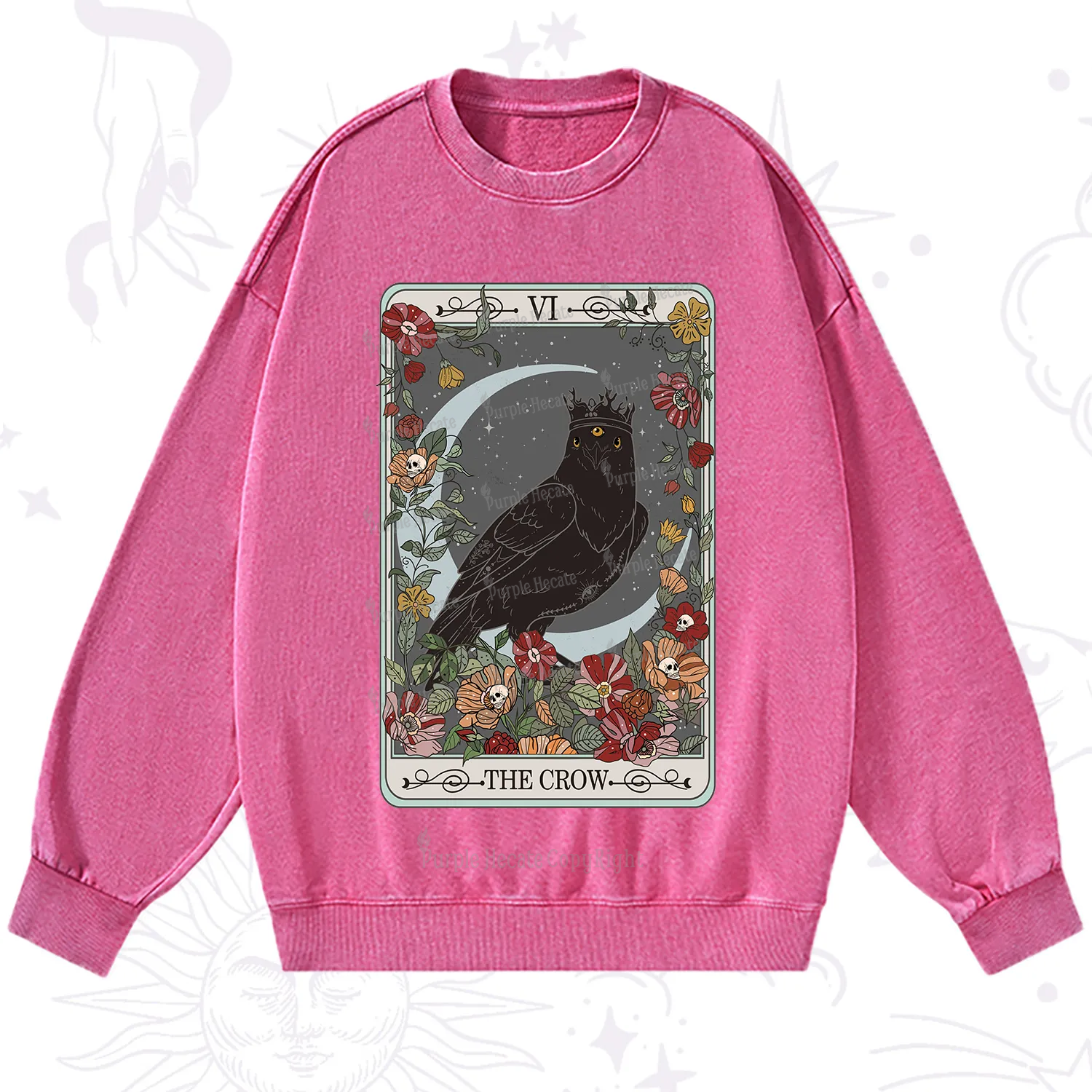 Purplehecate The Crow Tarot Card Washed Sweatshirt