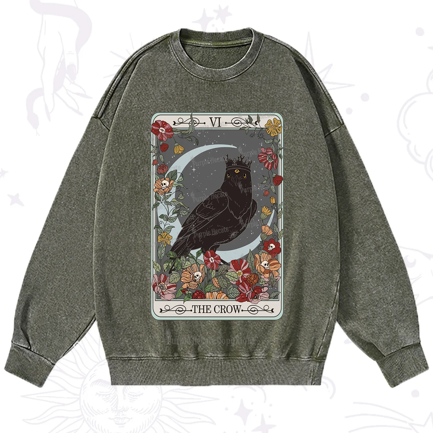 Purplehecate The Crow Tarot Card Washed Sweatshirt