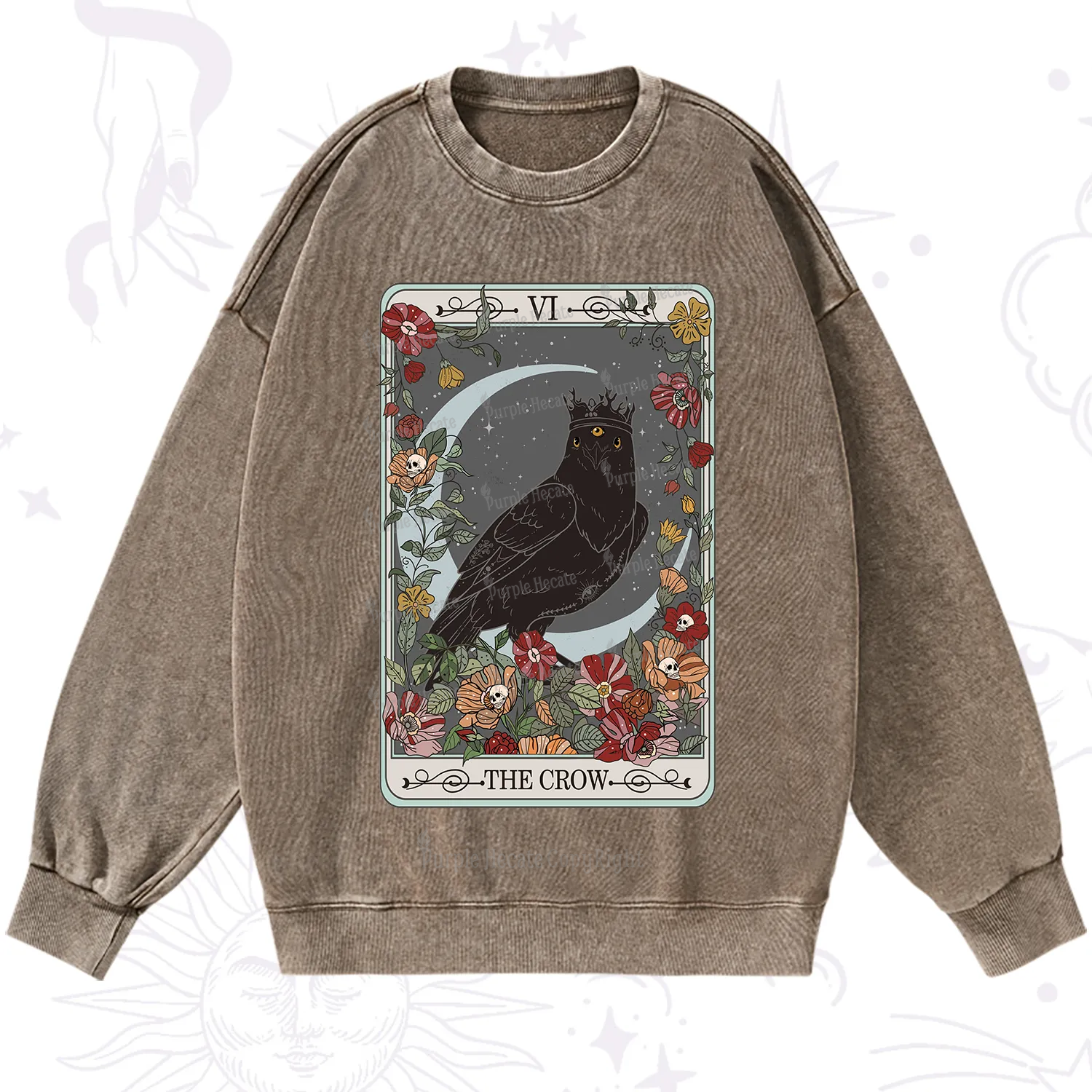 Purplehecate The Crow Tarot Card Washed Sweatshirt