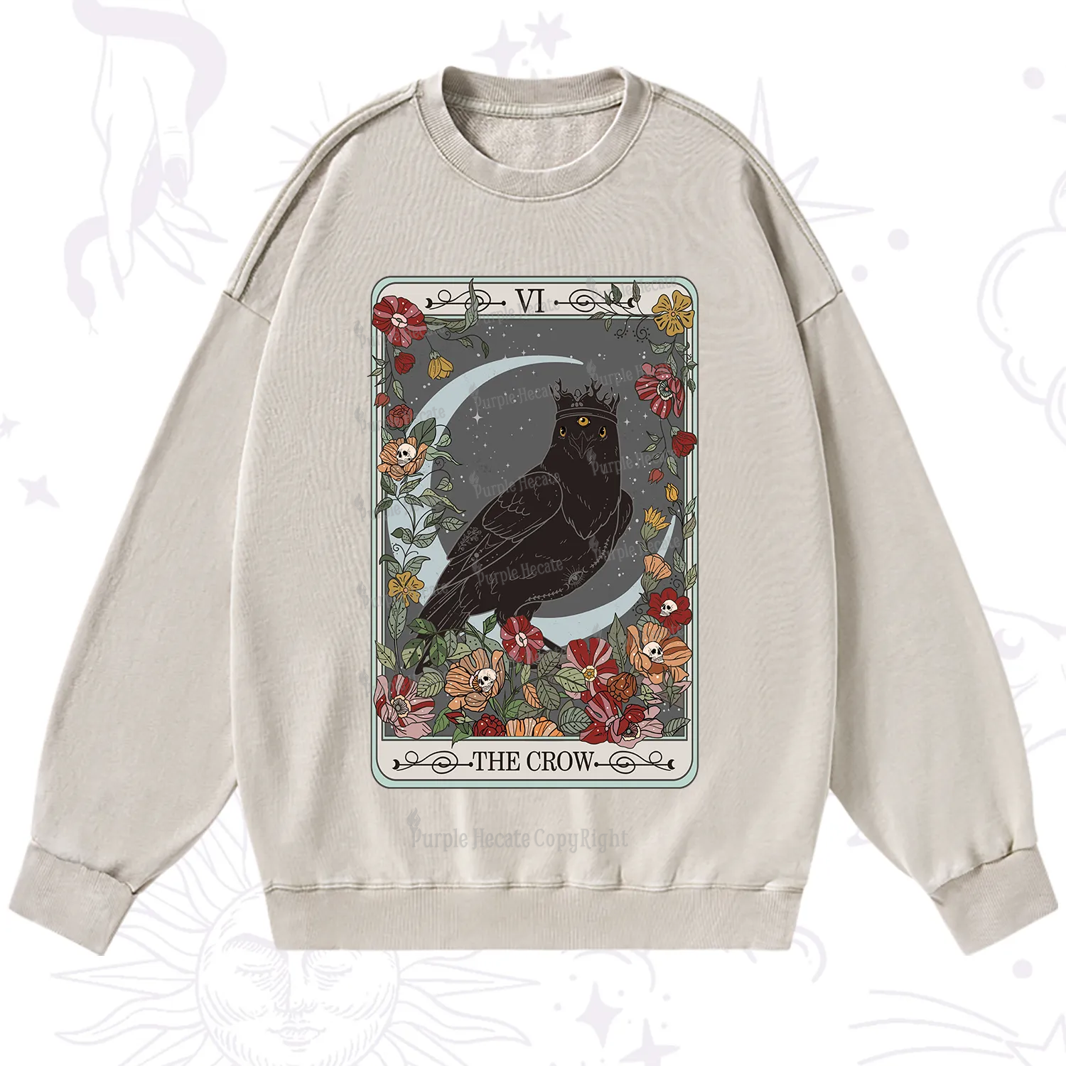Purplehecate The Crow Tarot Card Washed Sweatshirt