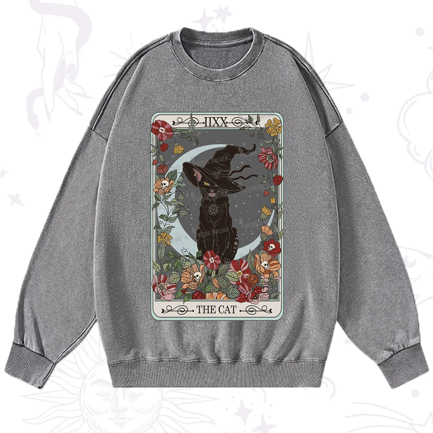 Purplehecate The Cat Tarot Card Washed Sweatshirt