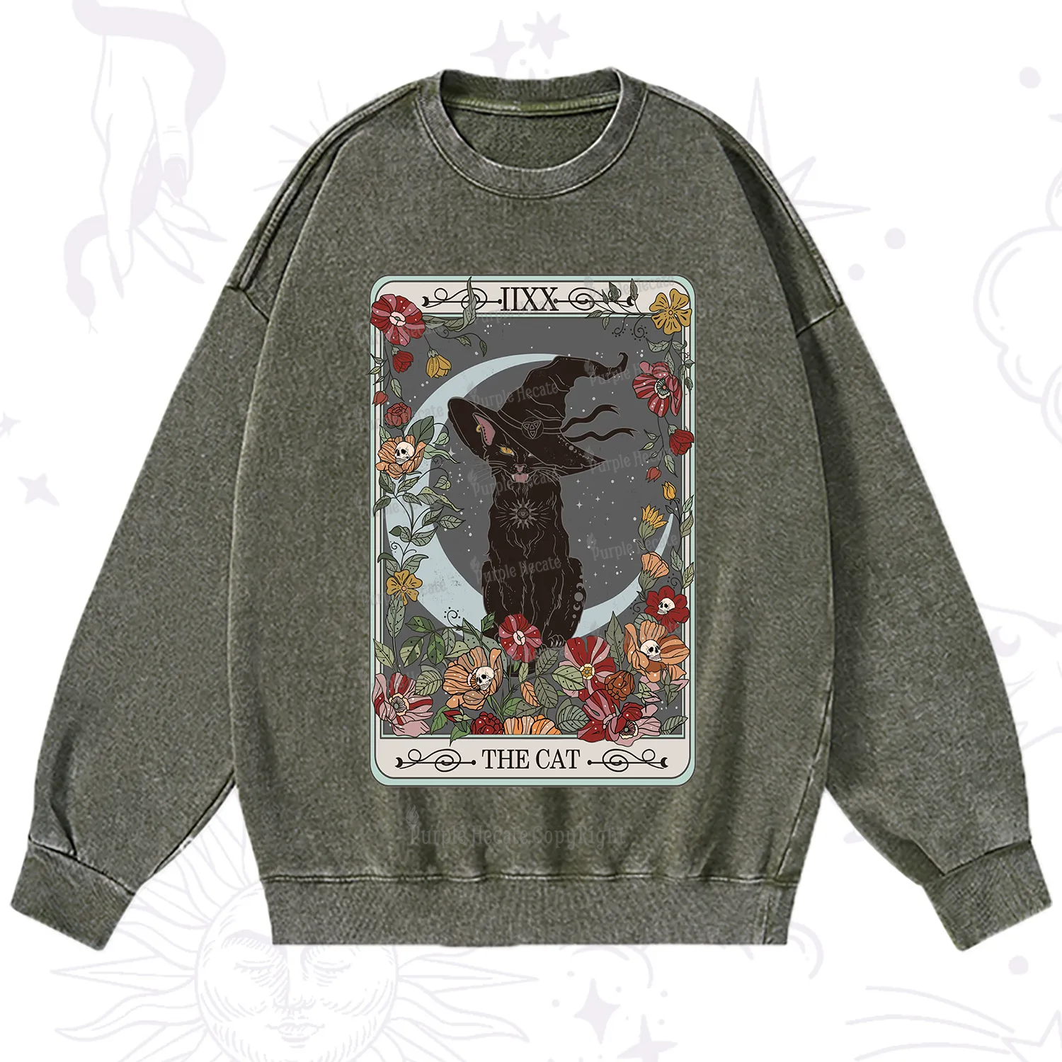 Purplehecate The Cat Tarot Card Washed Sweatshirt
