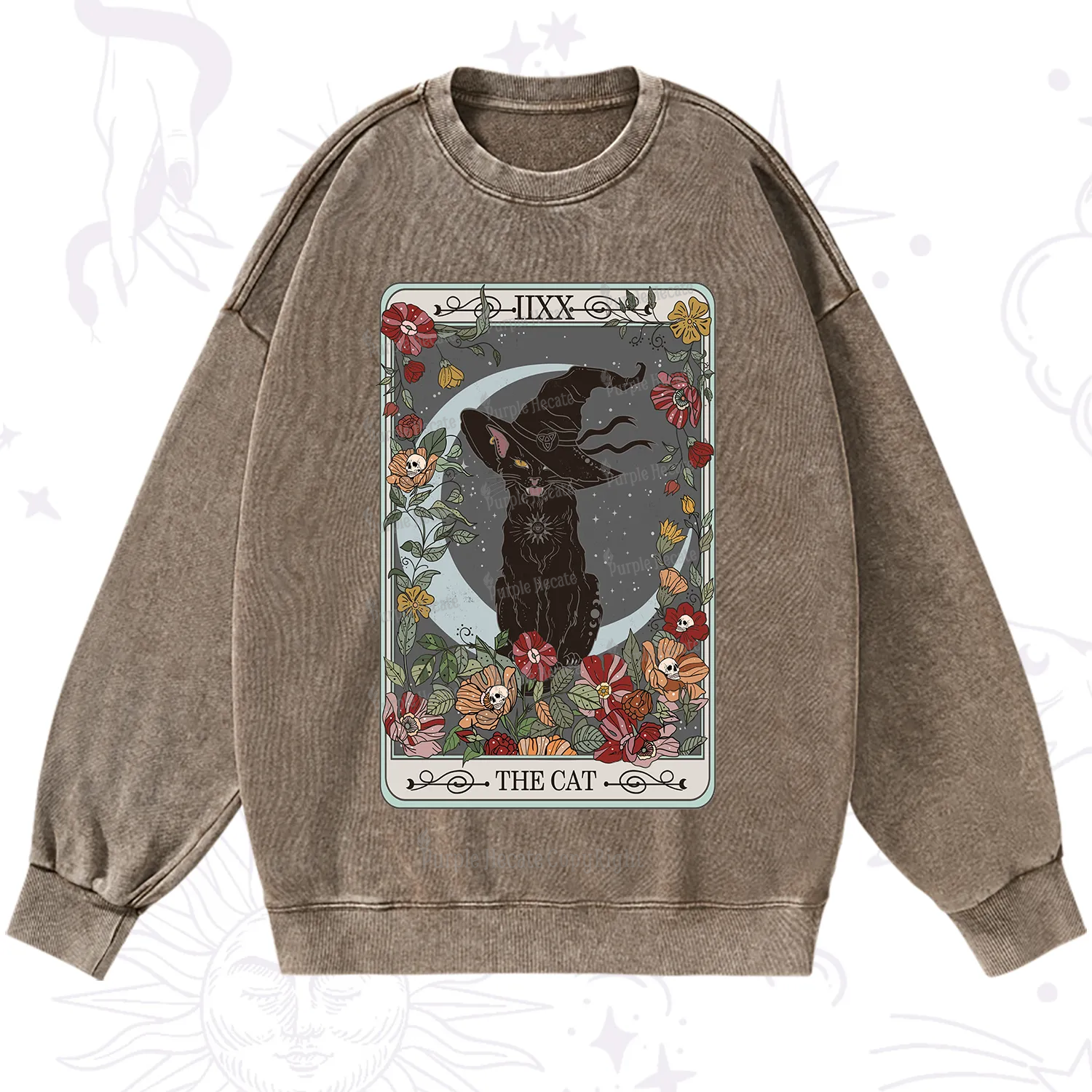 Purplehecate The Cat Tarot Card Washed Sweatshirt
