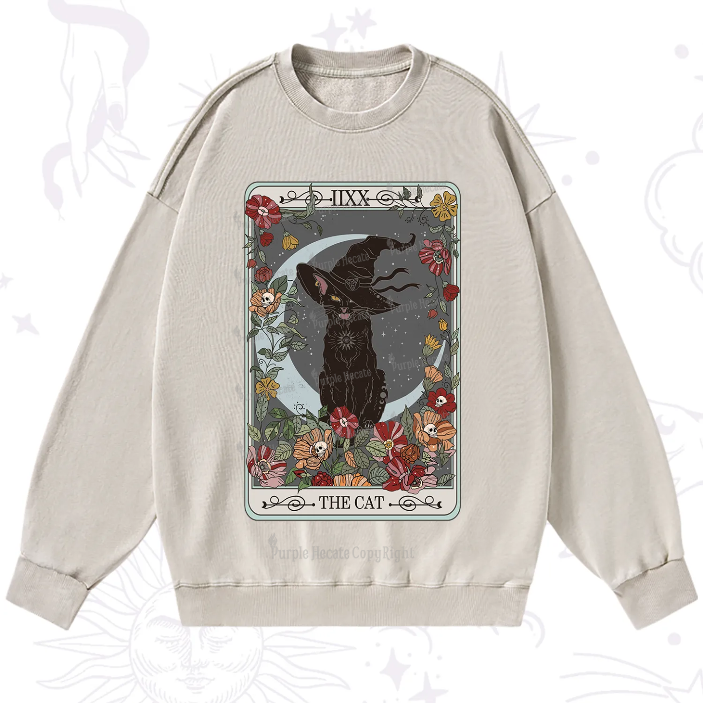 Purplehecate The Cat Tarot Card Washed Sweatshirt