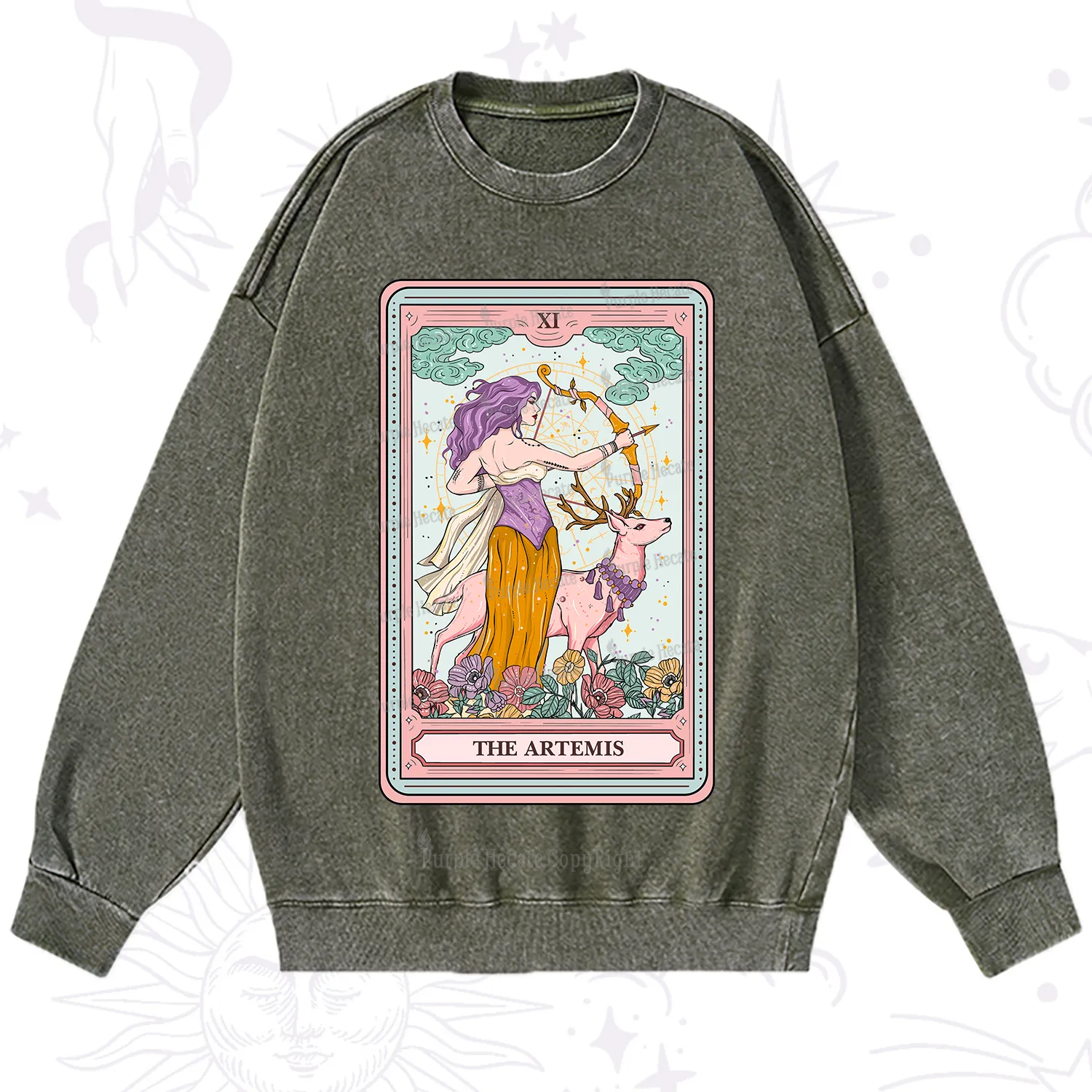 Purplehecate The Artemis Tarot Card Washed Sweatshirt