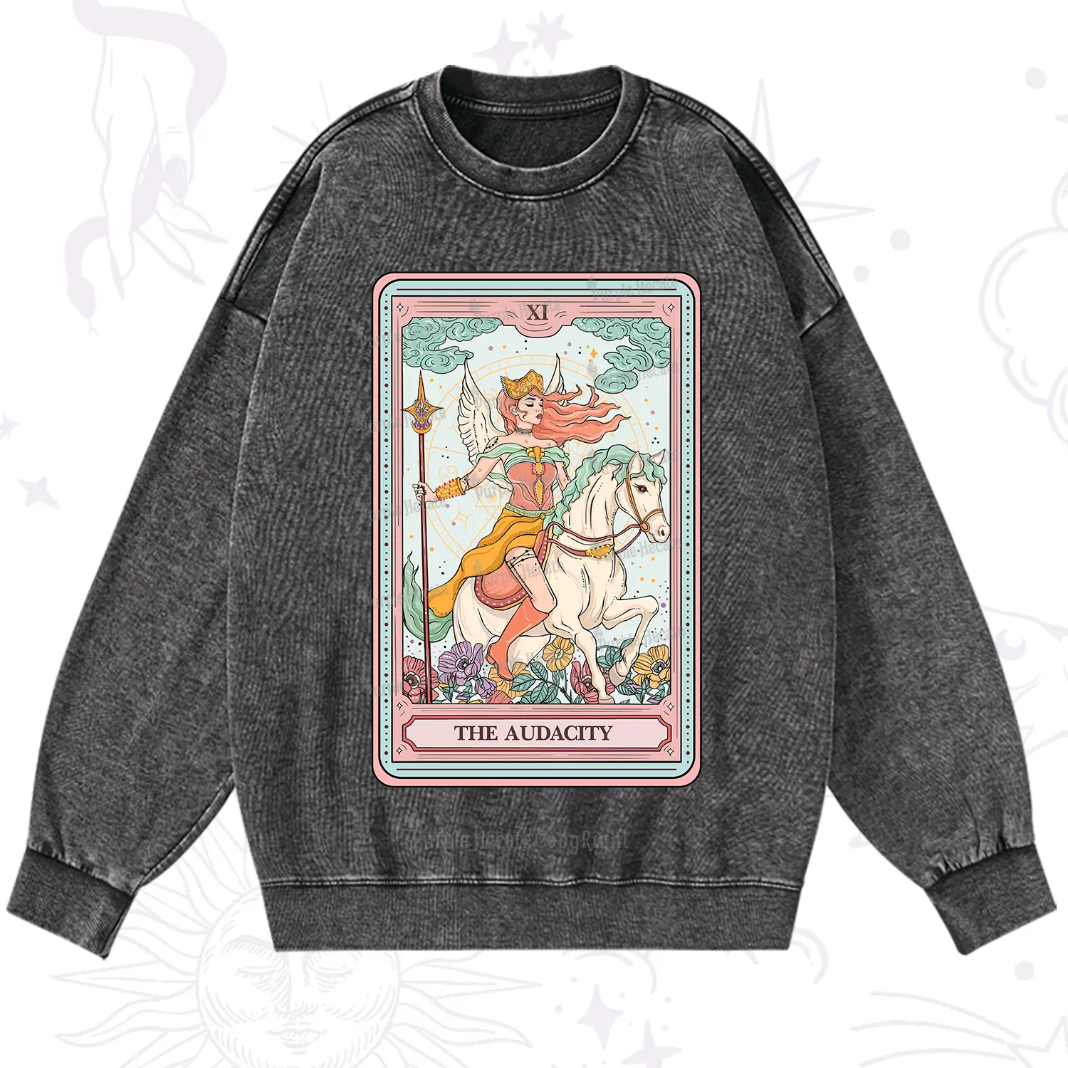 Purplehecate The Audacity Winged Goddess Tarot Card Washed Sweatshirt
