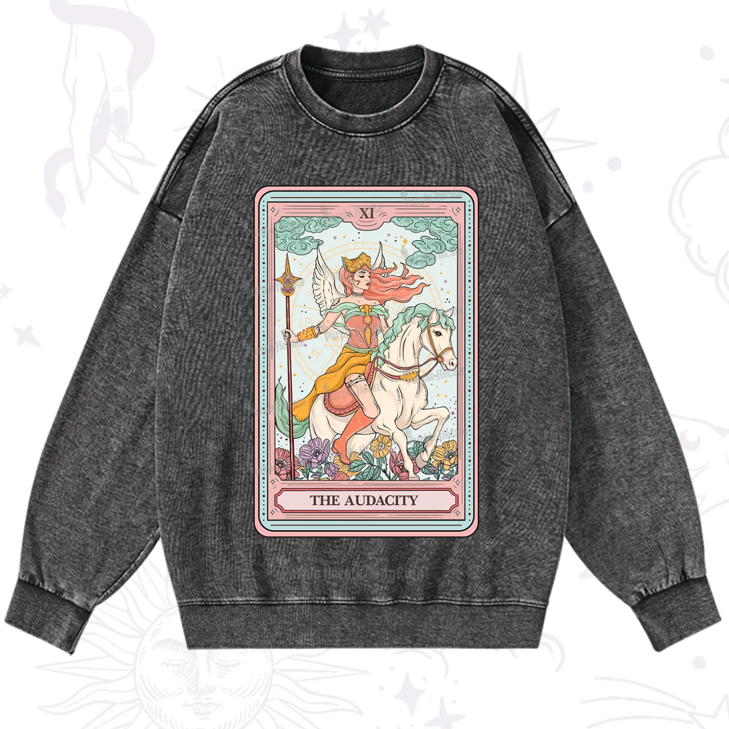 Purplehecate The Audacity Winged Goddess Tarot Card Washed Sweatshirt