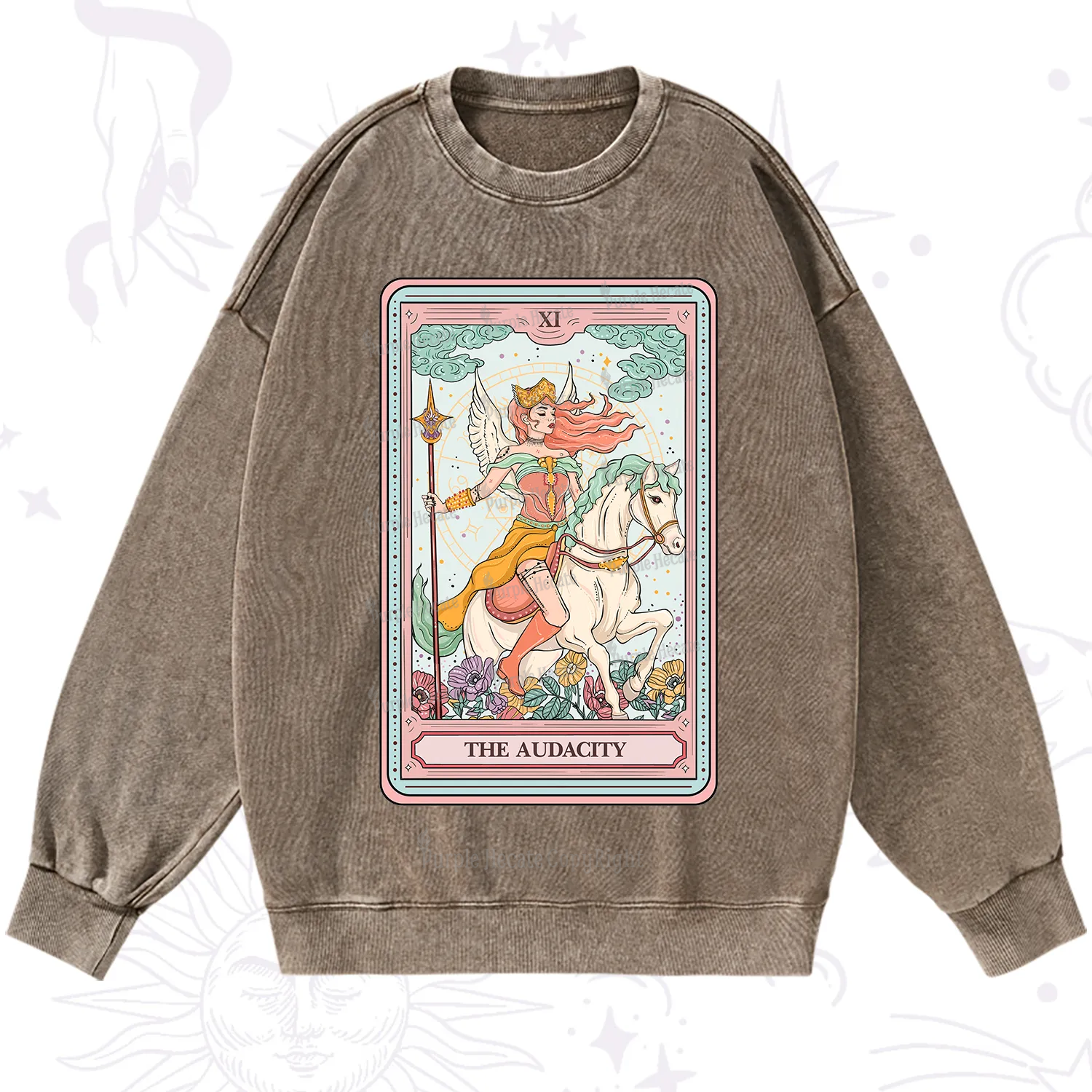 Purplehecate The Audacity Winged Goddess Tarot Card Washed Sweatshirt