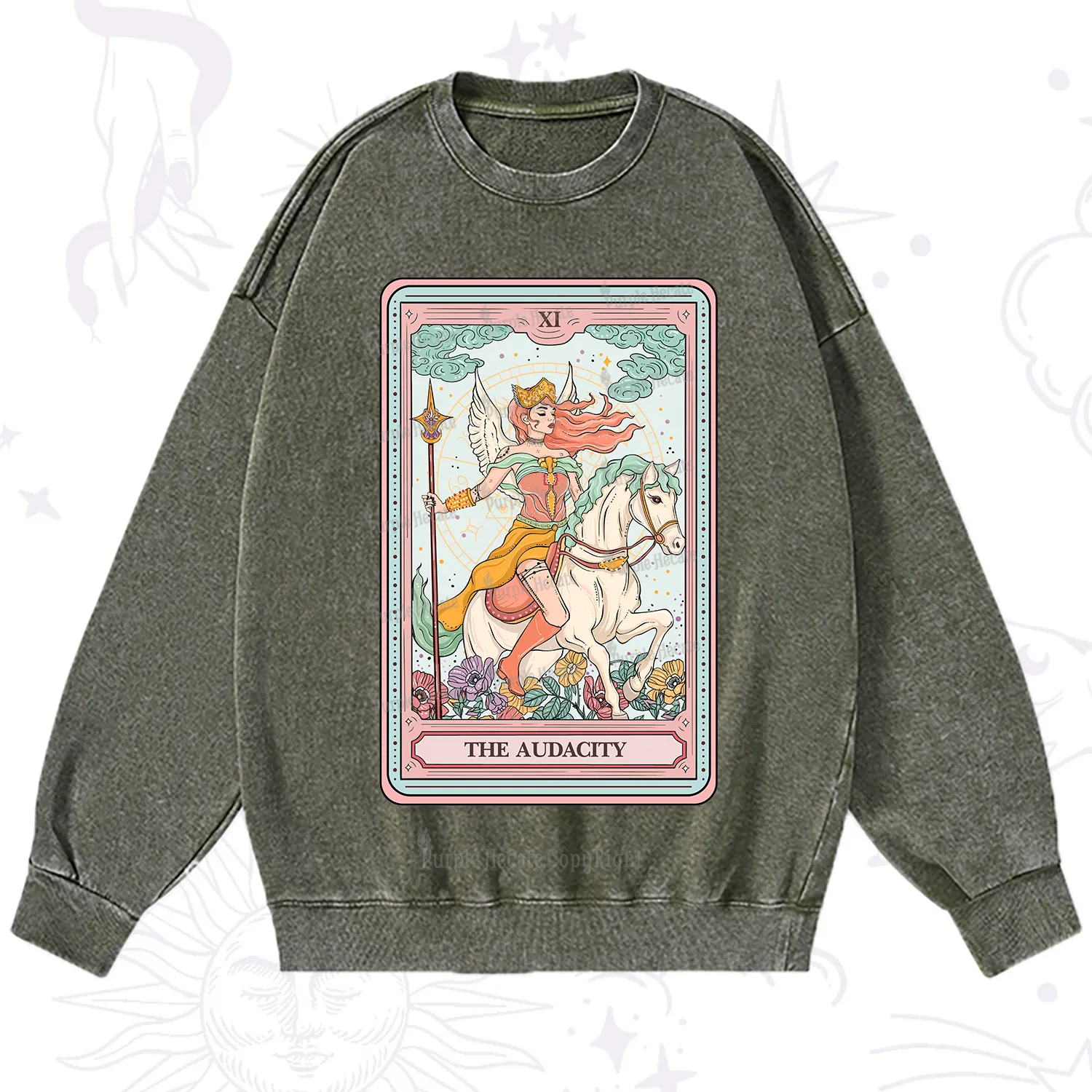 Purplehecate The Audacity Winged Goddess Tarot Card Washed Sweatshirt