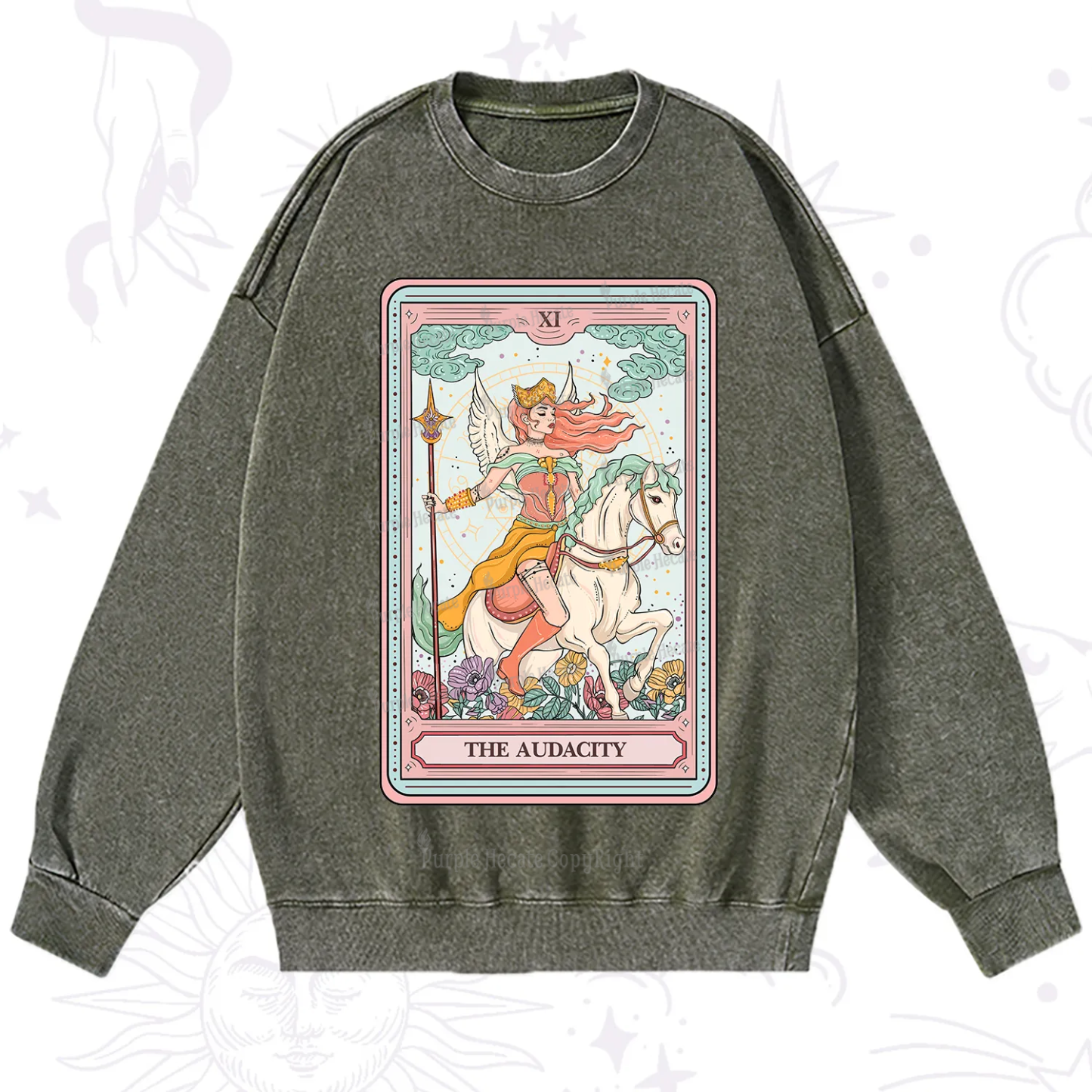 Purplehecate The Audacity Winged Goddess Tarot Card Washed Sweatshirt