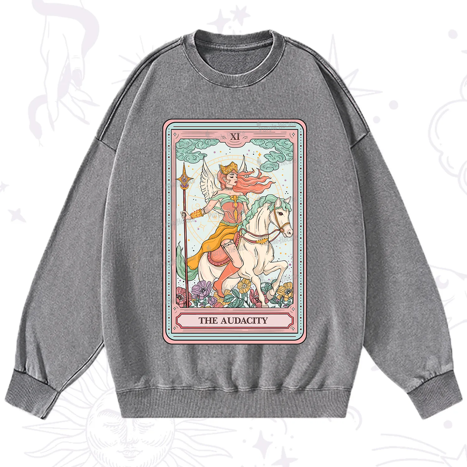 Purplehecate The Audacity Winged Goddess Tarot Card Washed Sweatshirt