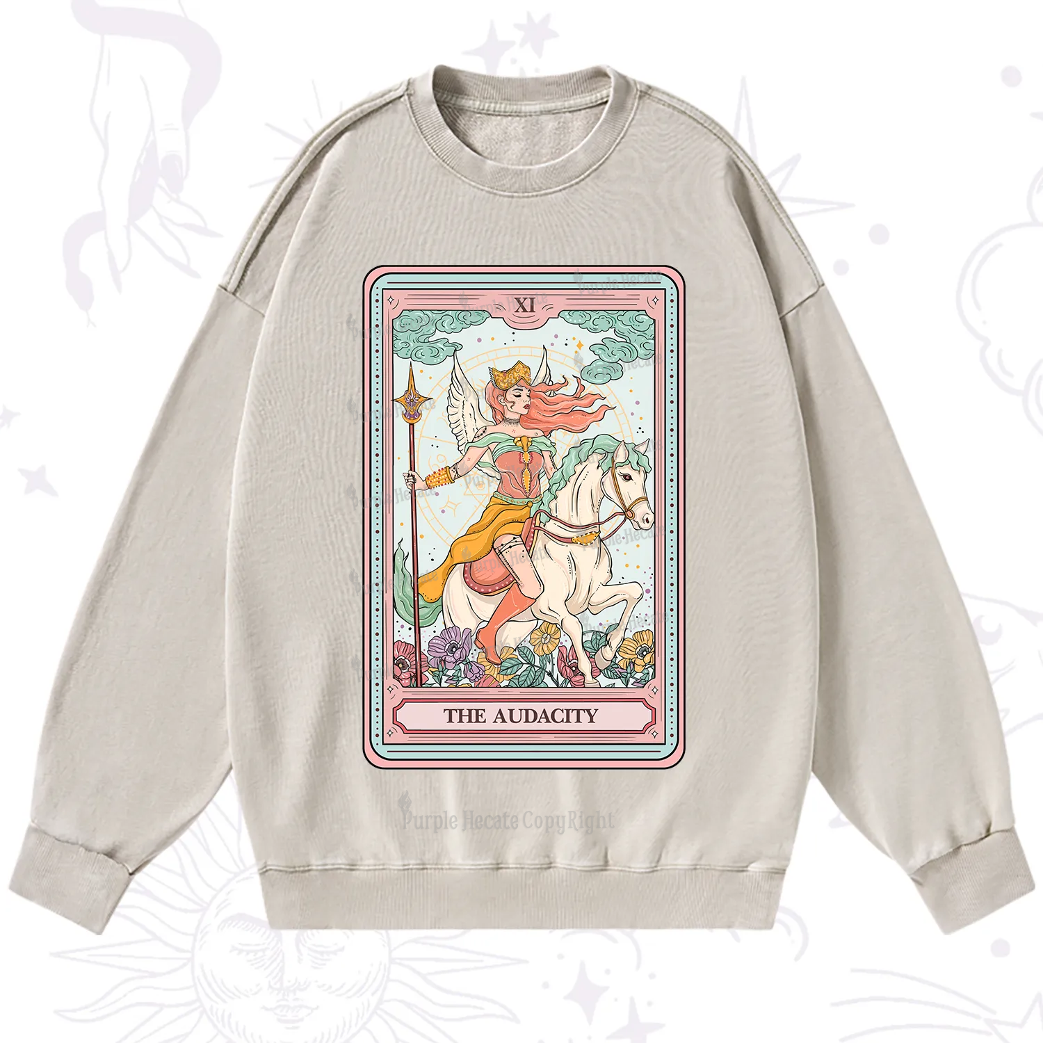 Purplehecate The Audacity Winged Goddess Tarot Card Washed Sweatshirt
