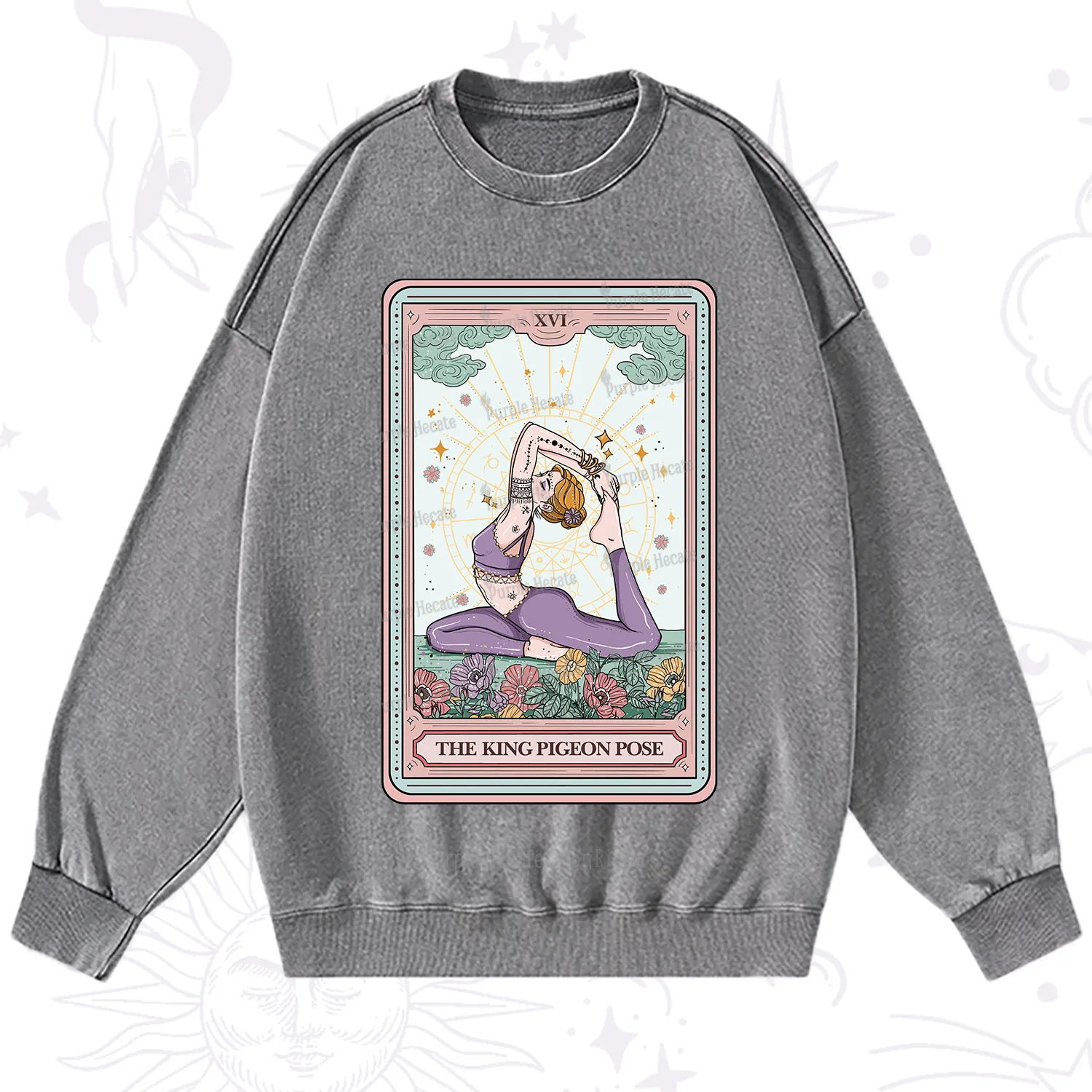 Purplehecate The King Pigeon Pose Tarot Card Washed Sweatshirt