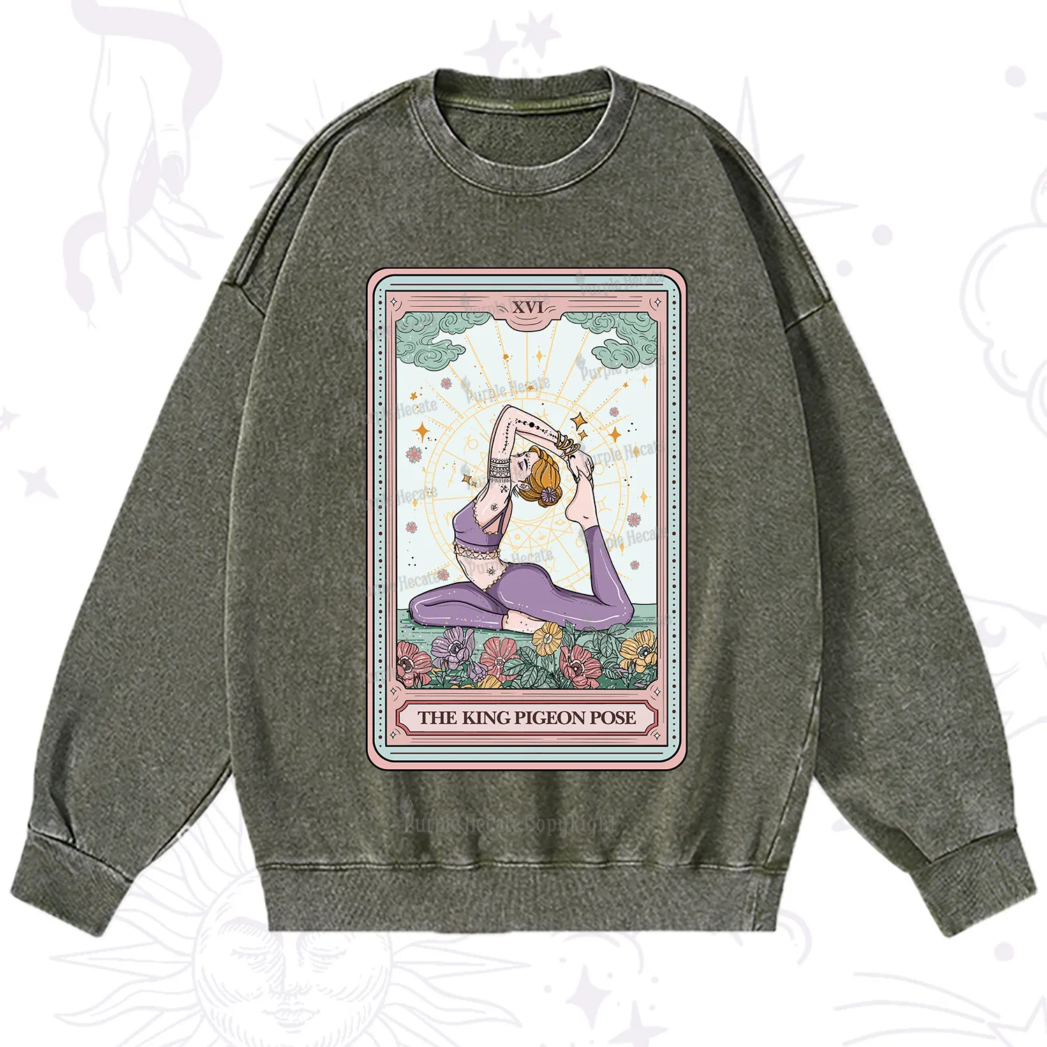 Purplehecate The King Pigeon Pose Tarot Card Washed Sweatshirt