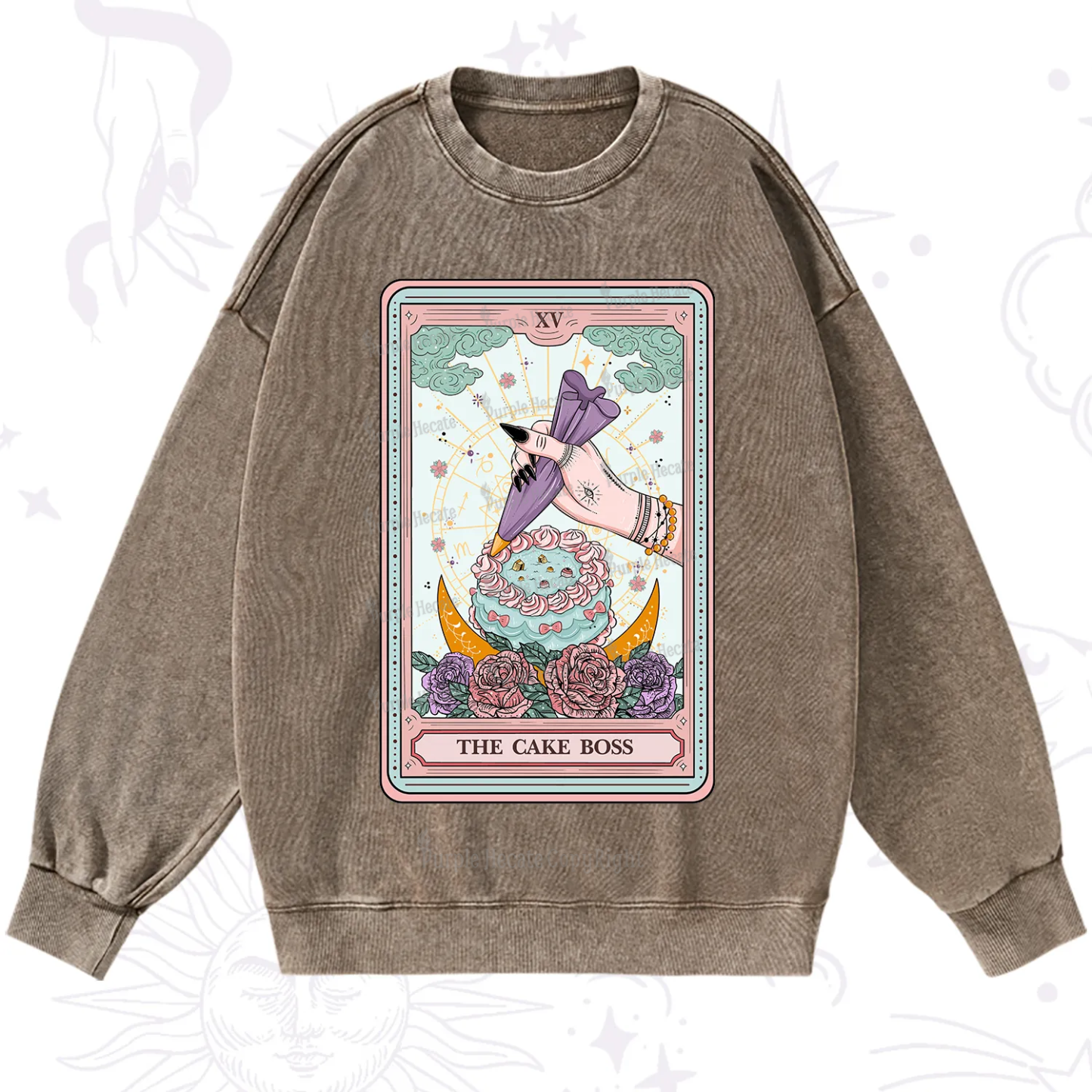 Purplehecate The Cake Boss Tarot Card Washed Sweatshirt