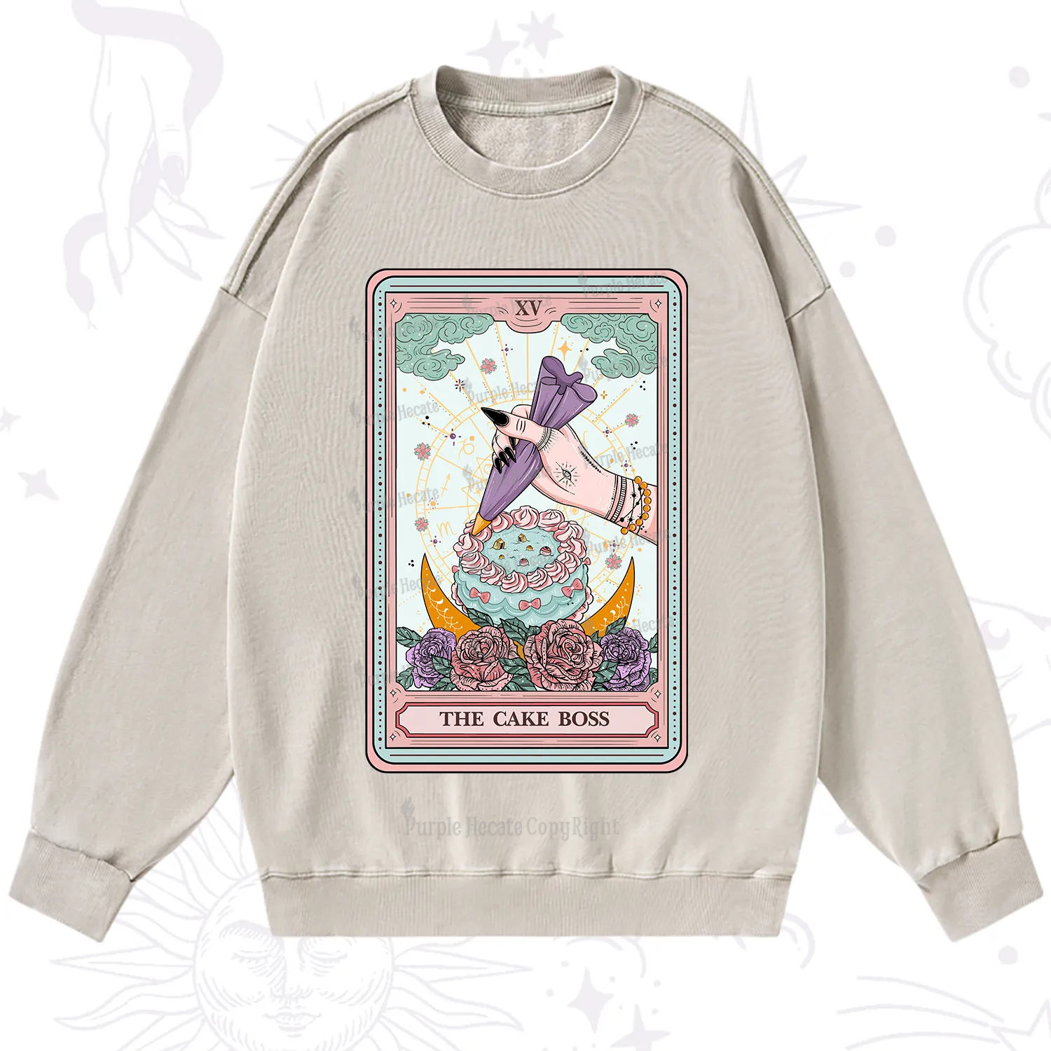 Purplehecate The Cake Boss Tarot Card Washed Sweatshirt