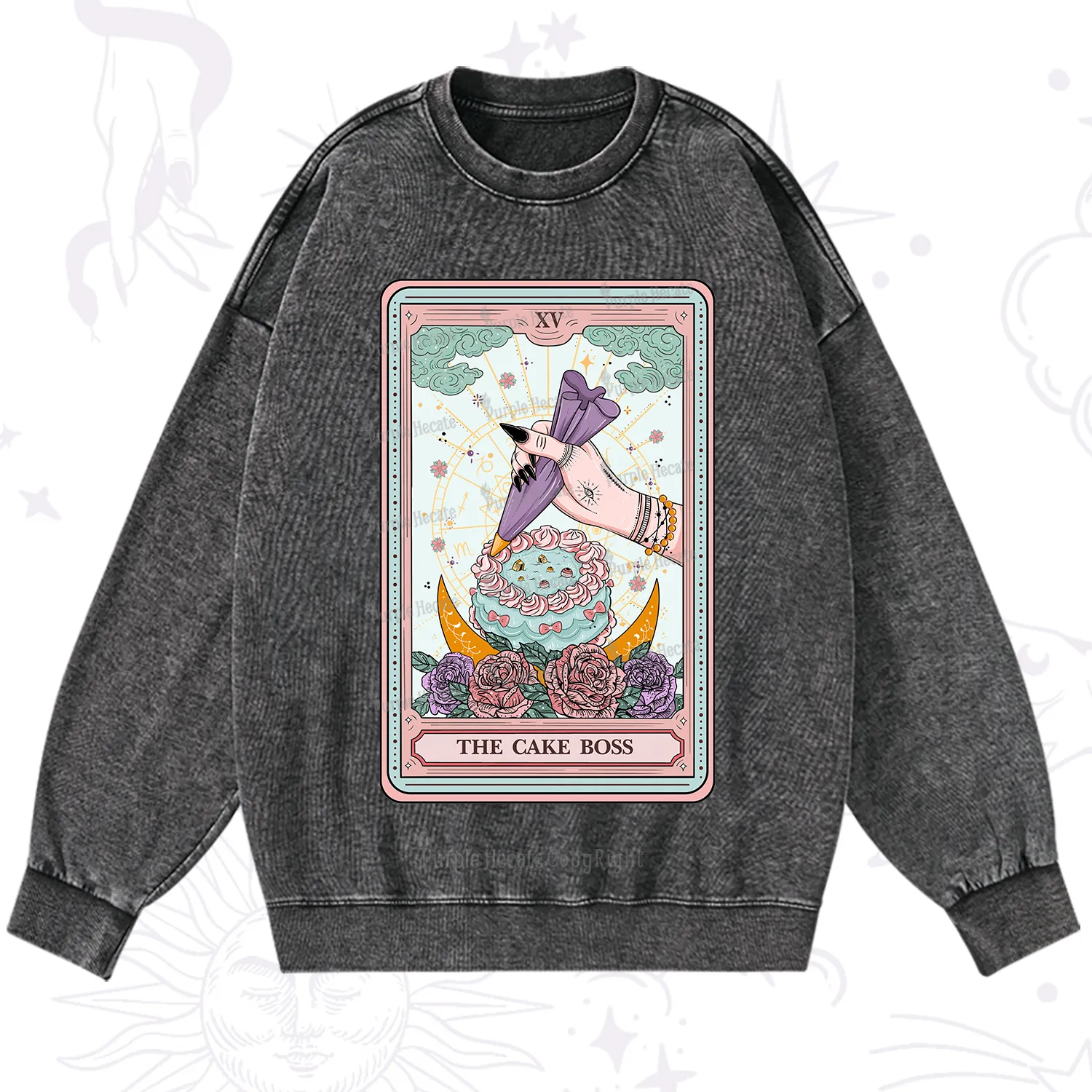 Purplehecate The Cake Boss Tarot Card Washed Sweatshirt