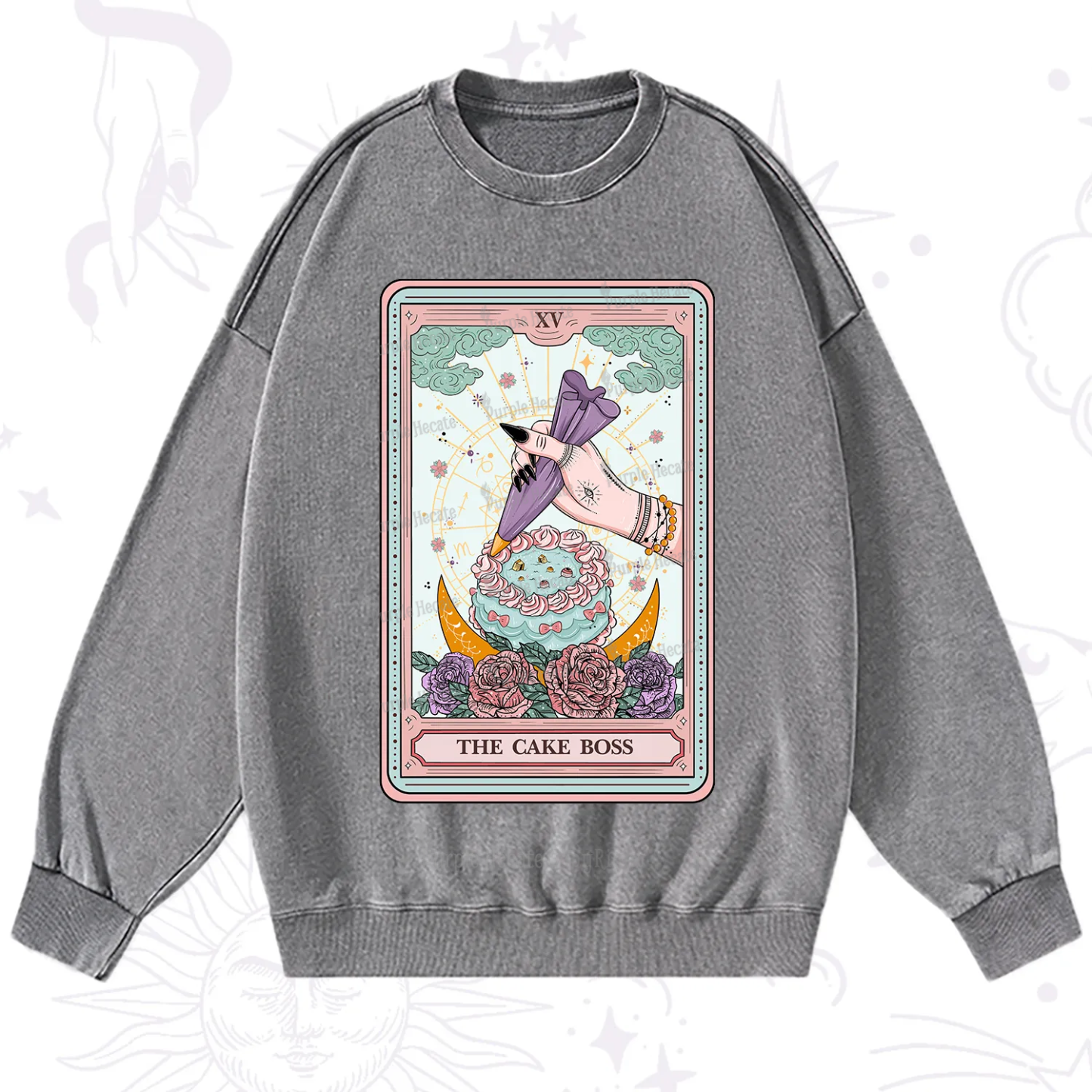Purplehecate The Cake Boss Tarot Card Washed Sweatshirt
