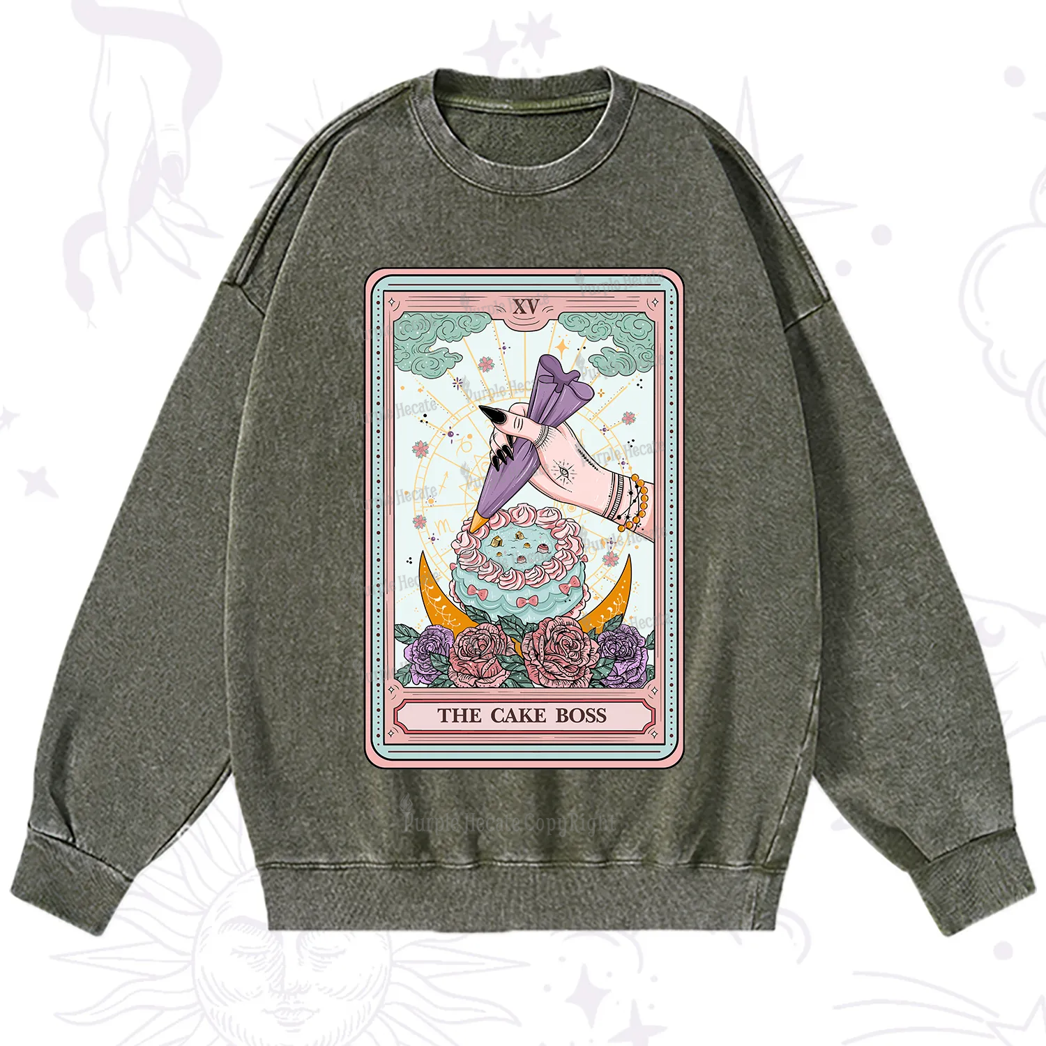 Purplehecate The Cake Boss Tarot Card Washed Sweatshirt