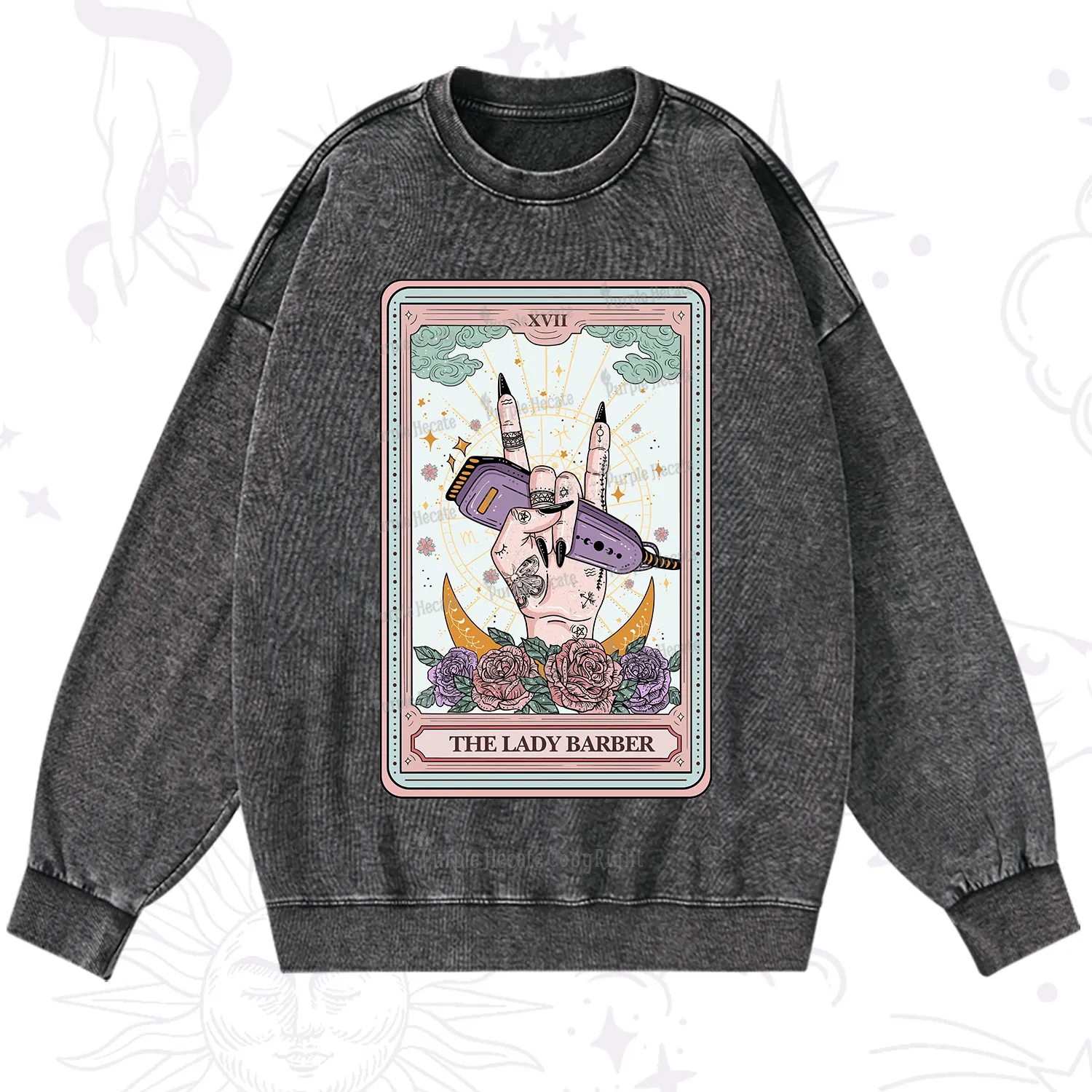 Purplehecate The Lady Barber Tarot Card Washed Sweatshirt
