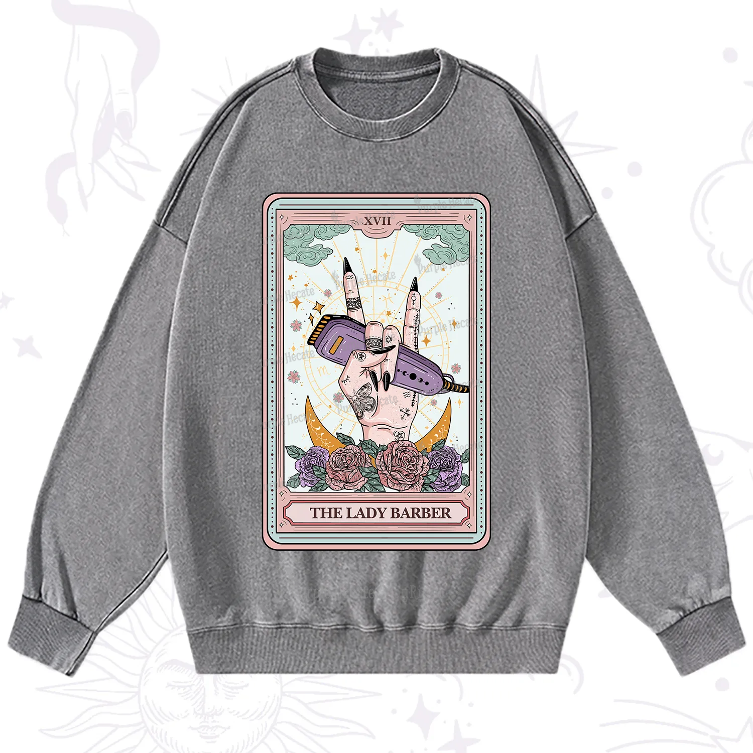 Purplehecate The Lady Barber Tarot Card Washed Sweatshirt