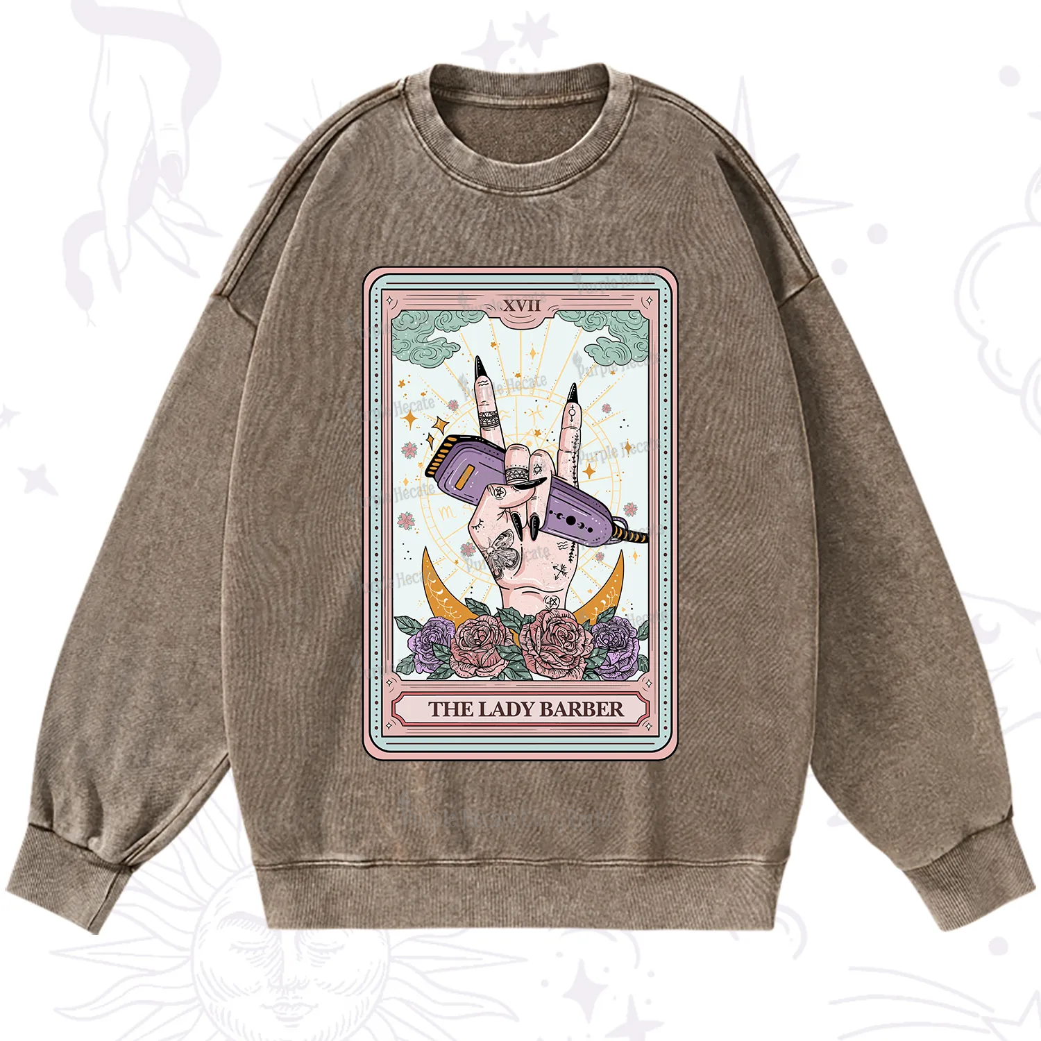 Purplehecate The Lady Barber Tarot Card Washed Sweatshirt